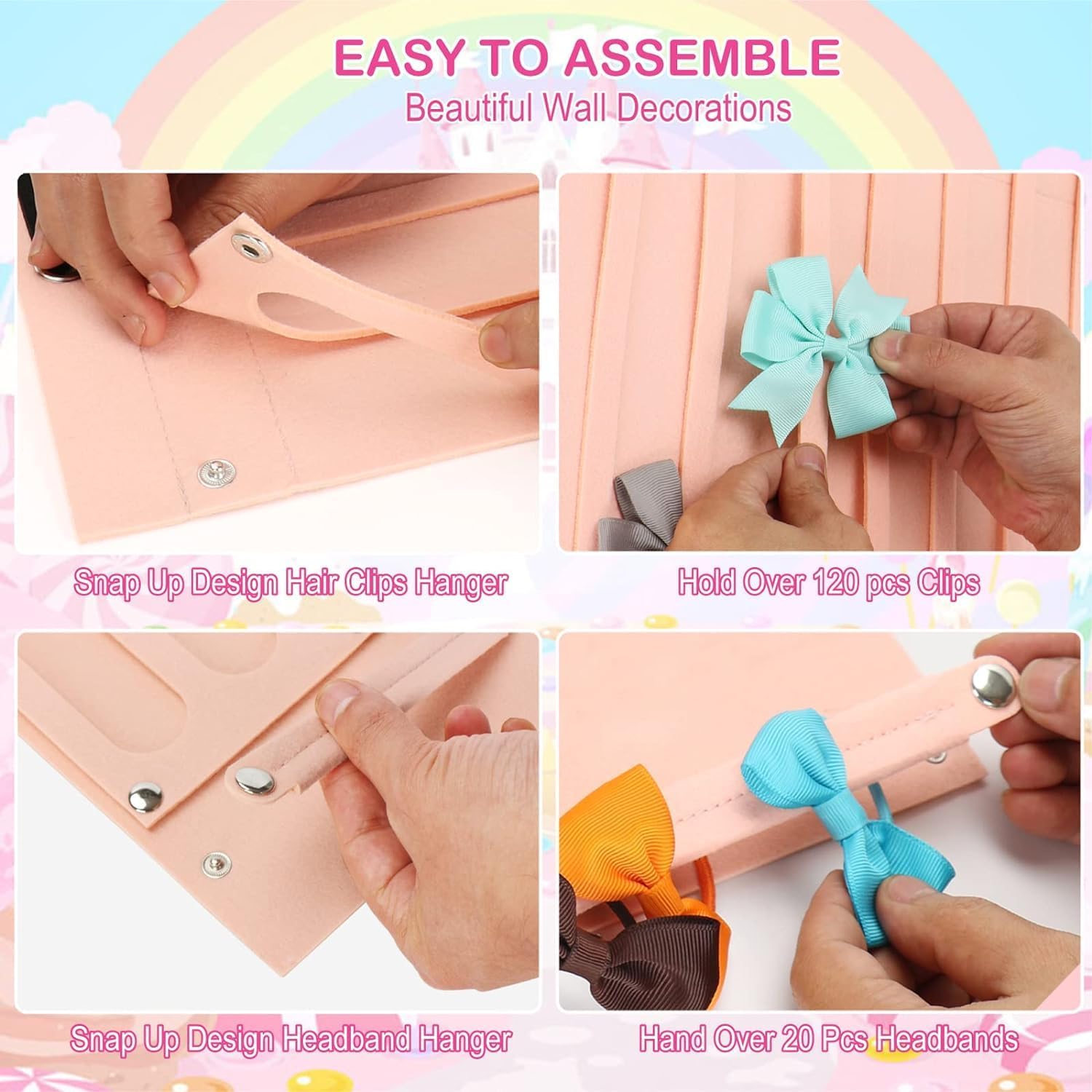 CESITRA Bows hairband Holder 16 Ribbons Row Organizer Bow Hanger for Girls Baby Hair Accessory Storage Display Wall Hanging for Girl Room Baby Nursery Decors 1
