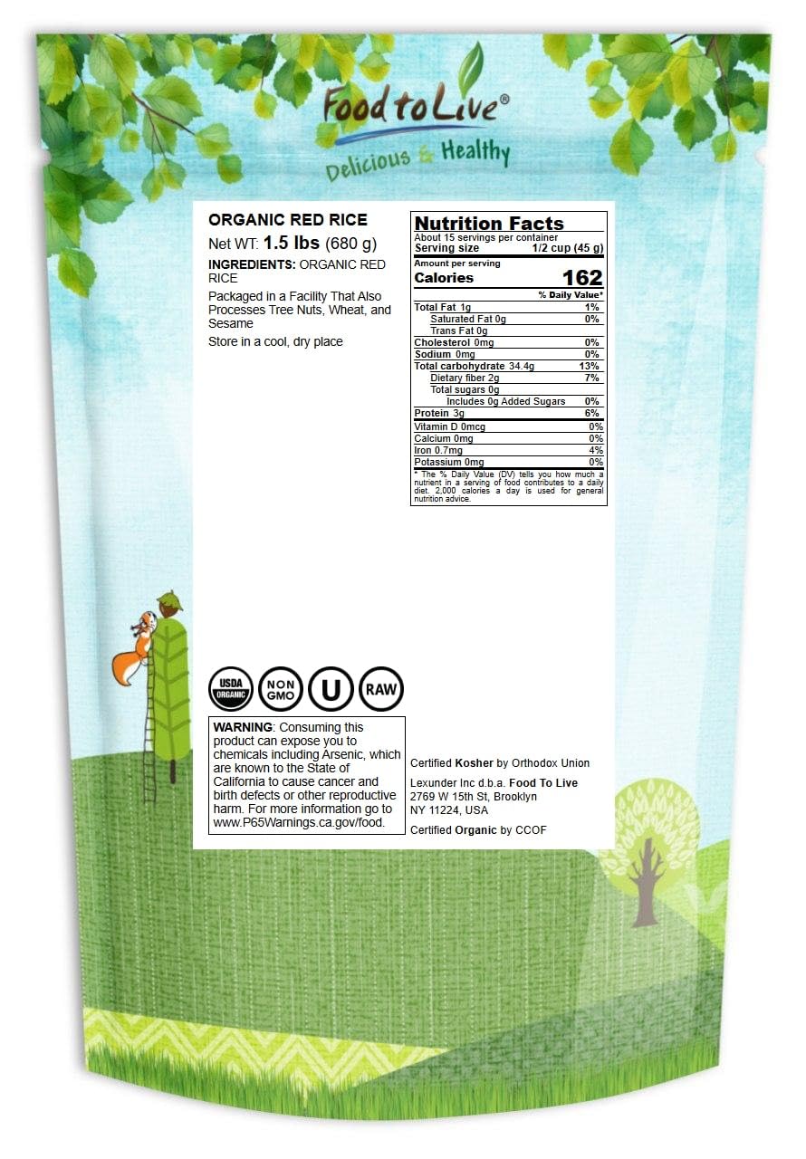 Organic Red Rice, 1.5 Pounds - Non-GMO, Kosher, Vegan, Raw, Bulk