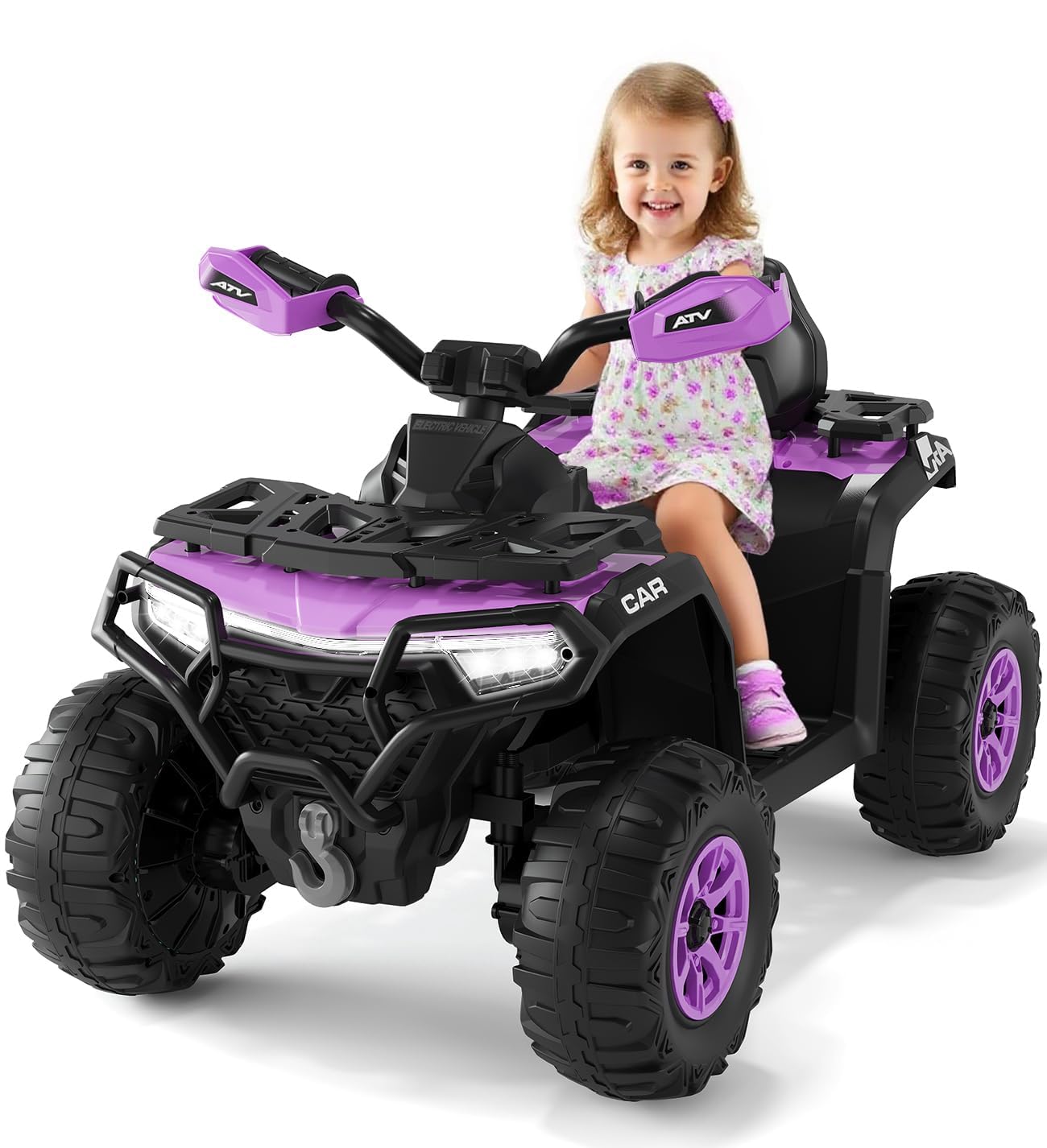 Garvee Elektryczny quad dla dzieci 12 V, elektryczny samochód terenowy z 2 silnikami, pilot rodzicielski, zawieszenie, reflektory LED, muzyka, Bluetooth, USB, świecąca flaga, od 3 lat