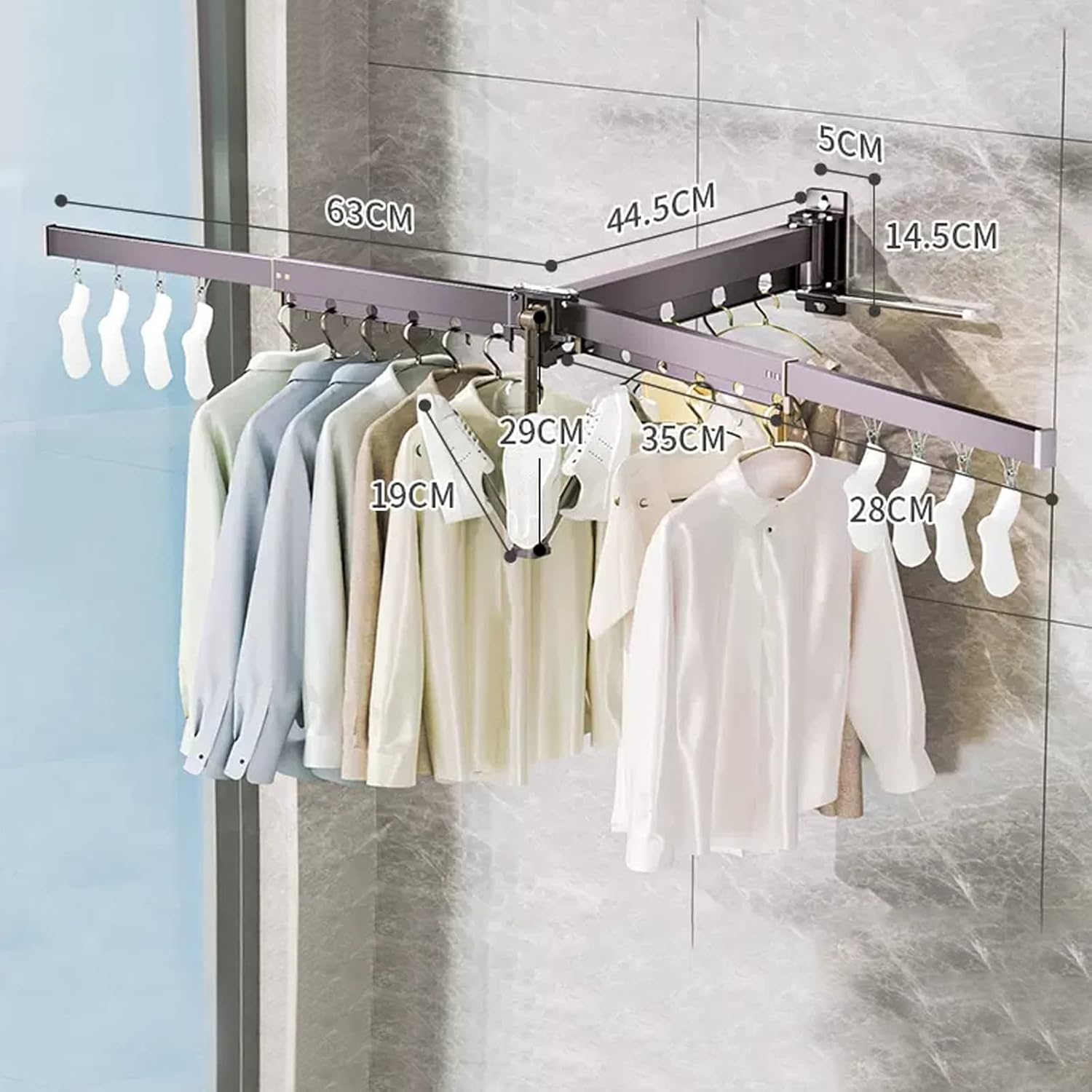 Wall Mounted Clothes Drying Rack, Retractable Clothes Airer with Double Rods & Concealed Shoe Rack, Foldable Space-Saving Clothes Hanger for Balcony, Laundry, Bathroom