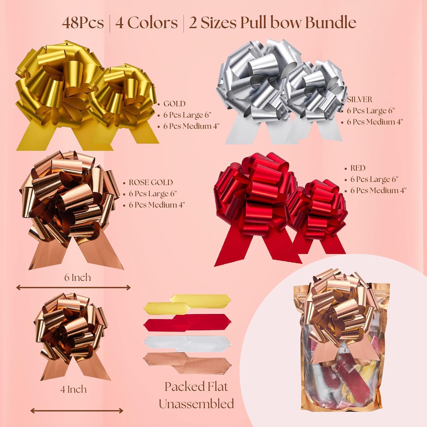 UNIQOOO Assorted Gift Wrap Pull Bow Set of 48, Medium 4'' Large 6'', Bulk for Gift Wrapping Basket Box Bag Décor, Valentines Day Wedding Birthday Christmas Anniversary, Metallic Rose Gold Red Sliver image 4