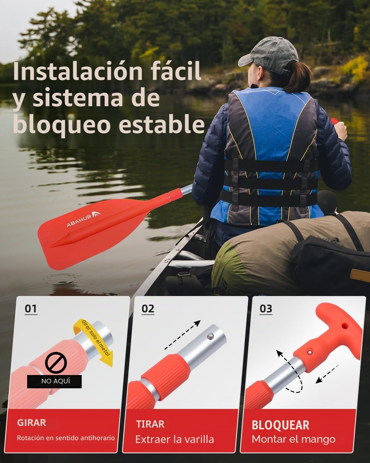 Abahub Remo Telescópico 53-106cm Emergencia Mango en T Timón Ligero Auxiliar Eje Aluminio para Kayak Inflable Azul Naranja Amarillo