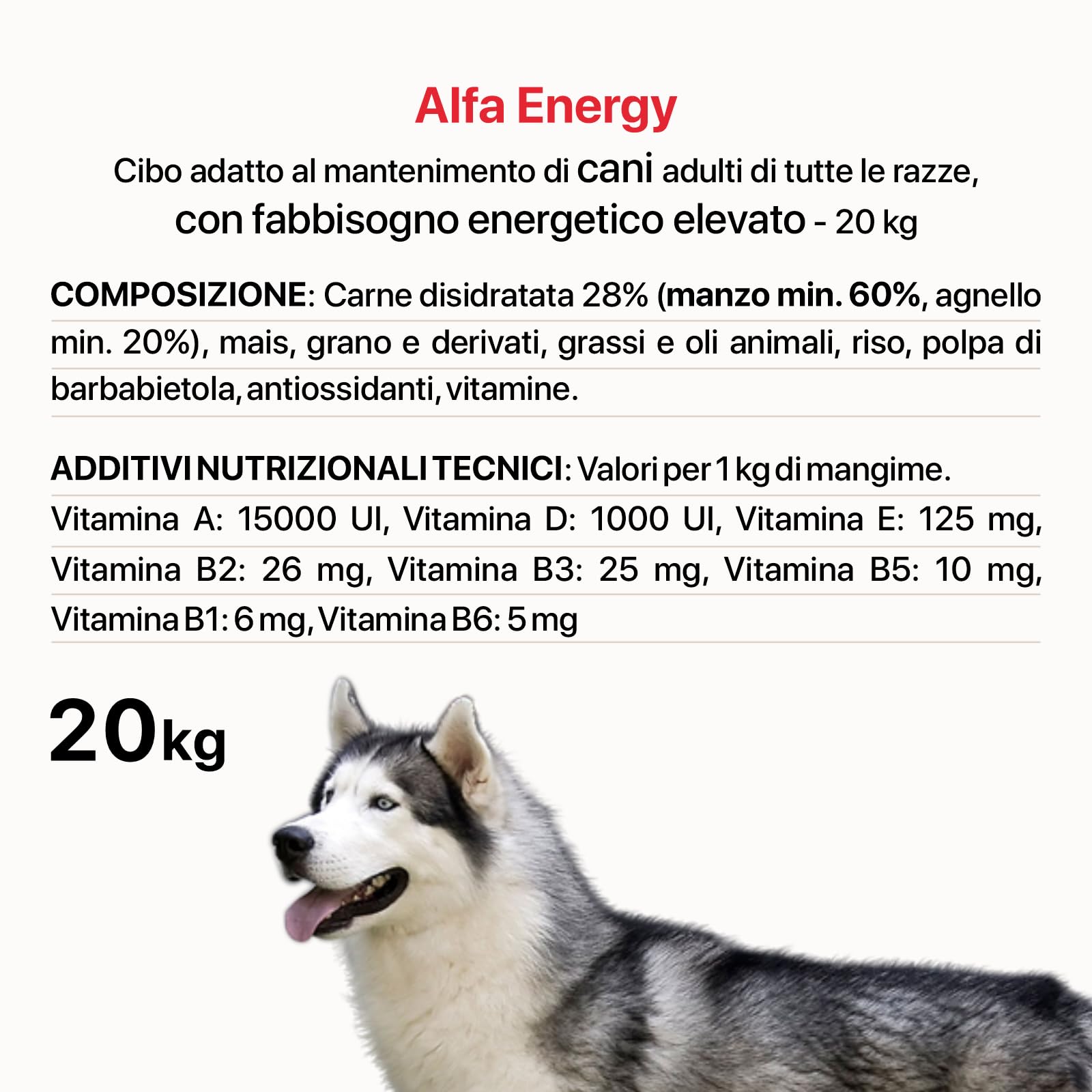 Alfa Energy - Pienso Sabor Carne de Vacuno y Cordero, Alimento Seco para Perros Adultos de Todas las Razas, con Altas Necesidades Energéticas, 20 kg