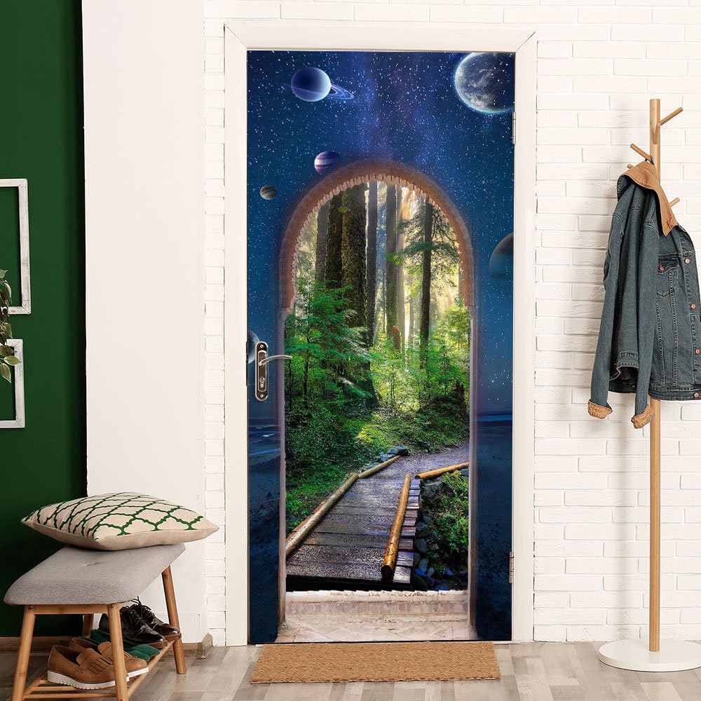 Sticker de porte fond 3D Galaxy et papier peint de porte adhésif amovible 95x215cm