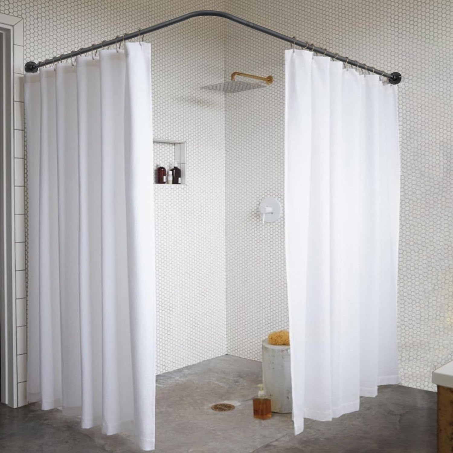 Corner Shower Curtain Rod, 30"-37.8" x 30"-37.8" Adjustable L Shaped Shower Curtain Rod, Industrial Shower Pole Wall Mounted for Bathroom,Closet,Room Divider,Outdoor Patio, Black