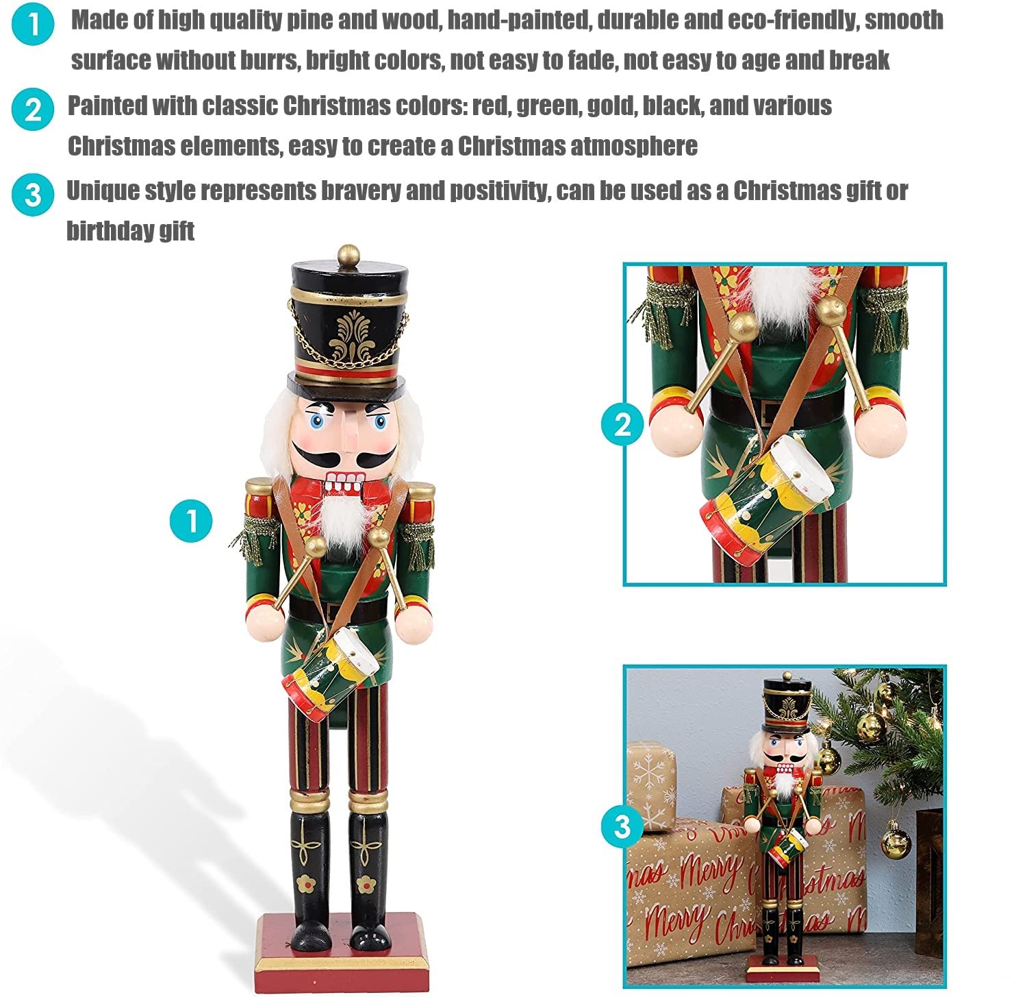 KAHEIGN 2 Pezzi Soldati Schiaccianoci di Legno, 2 Stile 30CM Figure Tradizionali dello Schiaccianoci di Natale Soldato Dipinto in Legno di Pino Premium per Casa Camino Decorazione (Tamburo & Spada)