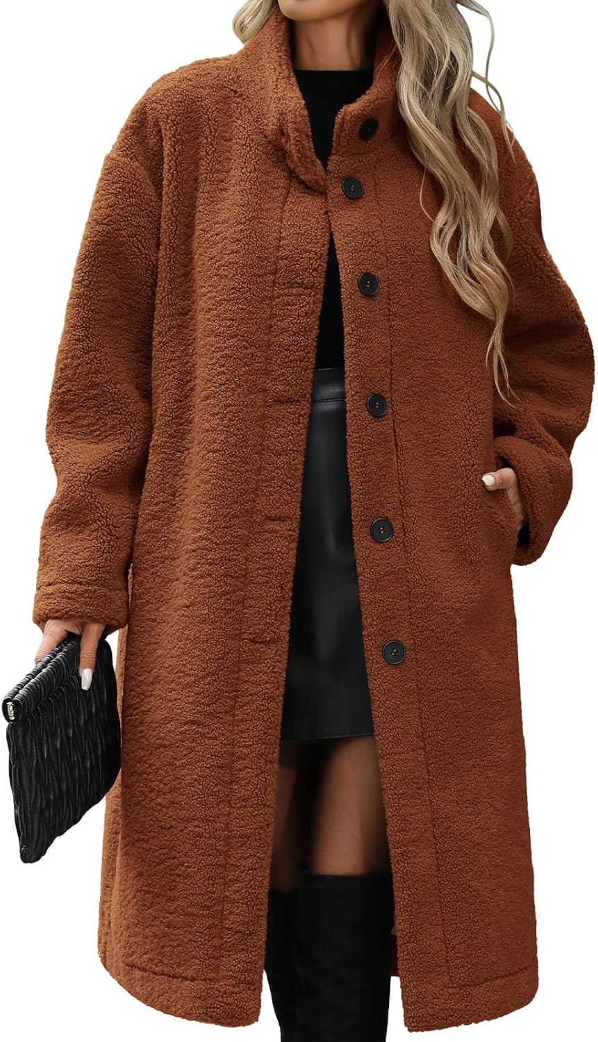 Women’s Winter Fuzzy Fleece Coat Warm Long Cardigan Open Front Jacket Button Faux Fur Fluffy Overcoat
