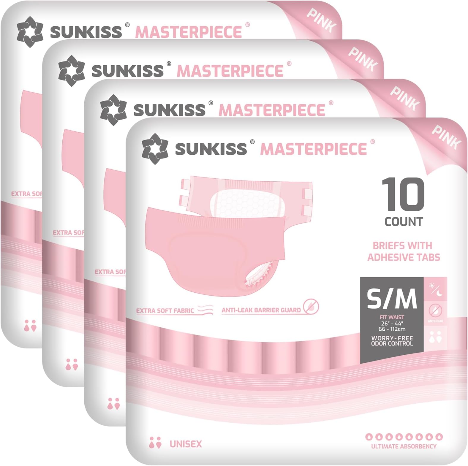 SUNKISS Masterpiece Adult Diapers with Tabs, Unisex Disposable Incontinence Briefs for Women and Men, Odor Control, Pink, Small/Medium, Previously M, 40 Count (4 Packs of 10)