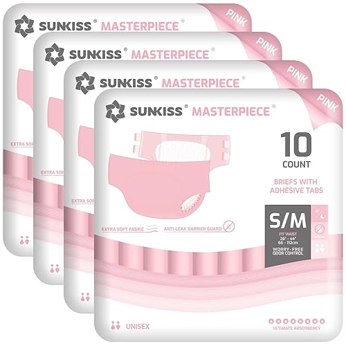 SUNKISS Masterpiece Adult Diapers with Tabs, Unisex Disposable Incontinence Briefs for Women and Men, Odor Control, Pink, Small/Medium, Previously M, 40 Count (4 Packs of 10) - Small/Medium - Pink (Case of 40)