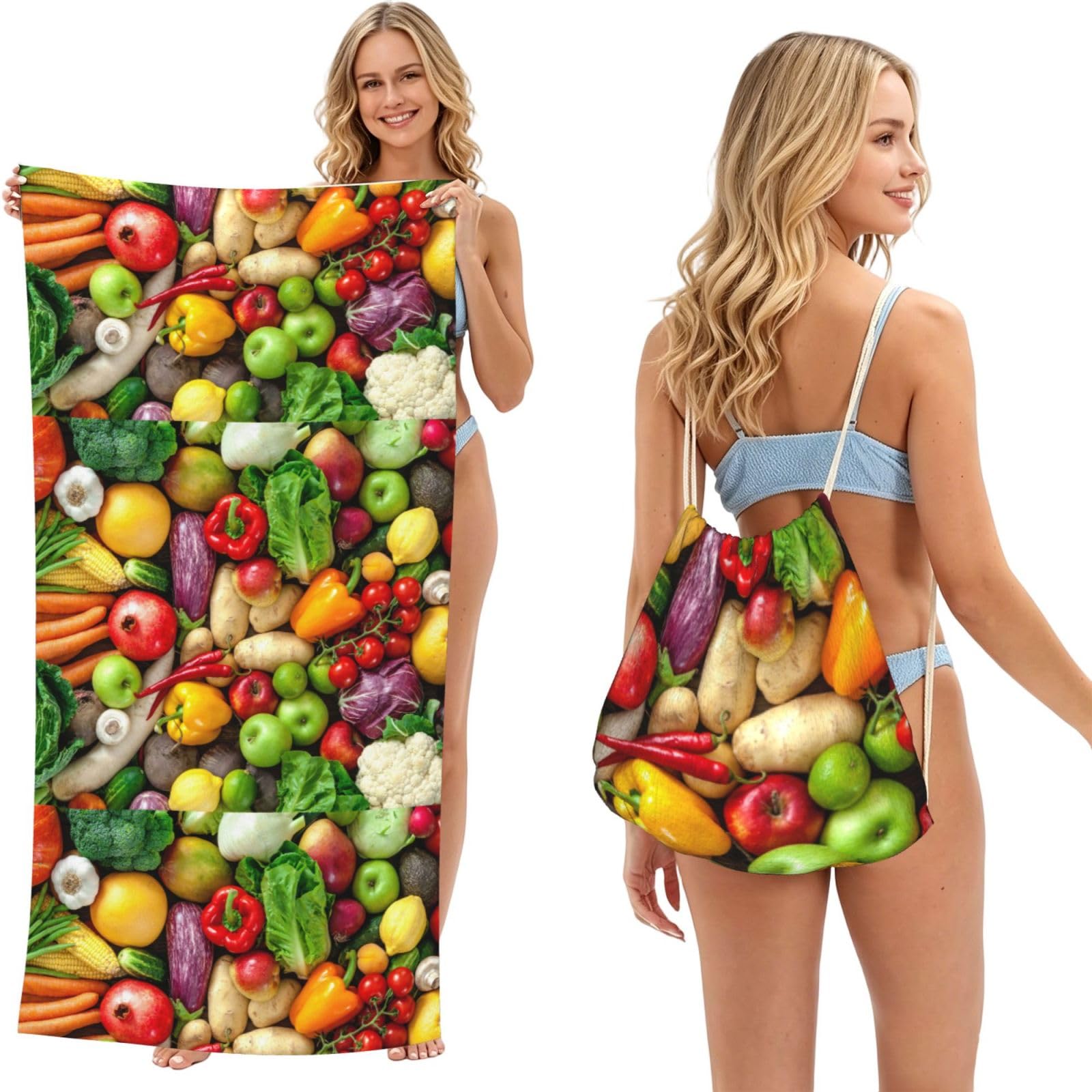 Poadnly As Picture Fresh Fruits And Vegetables, 2 In 1 Packable Towel Bag, Beach Towels With Drawstring Backpack For Travel Holiday Camping