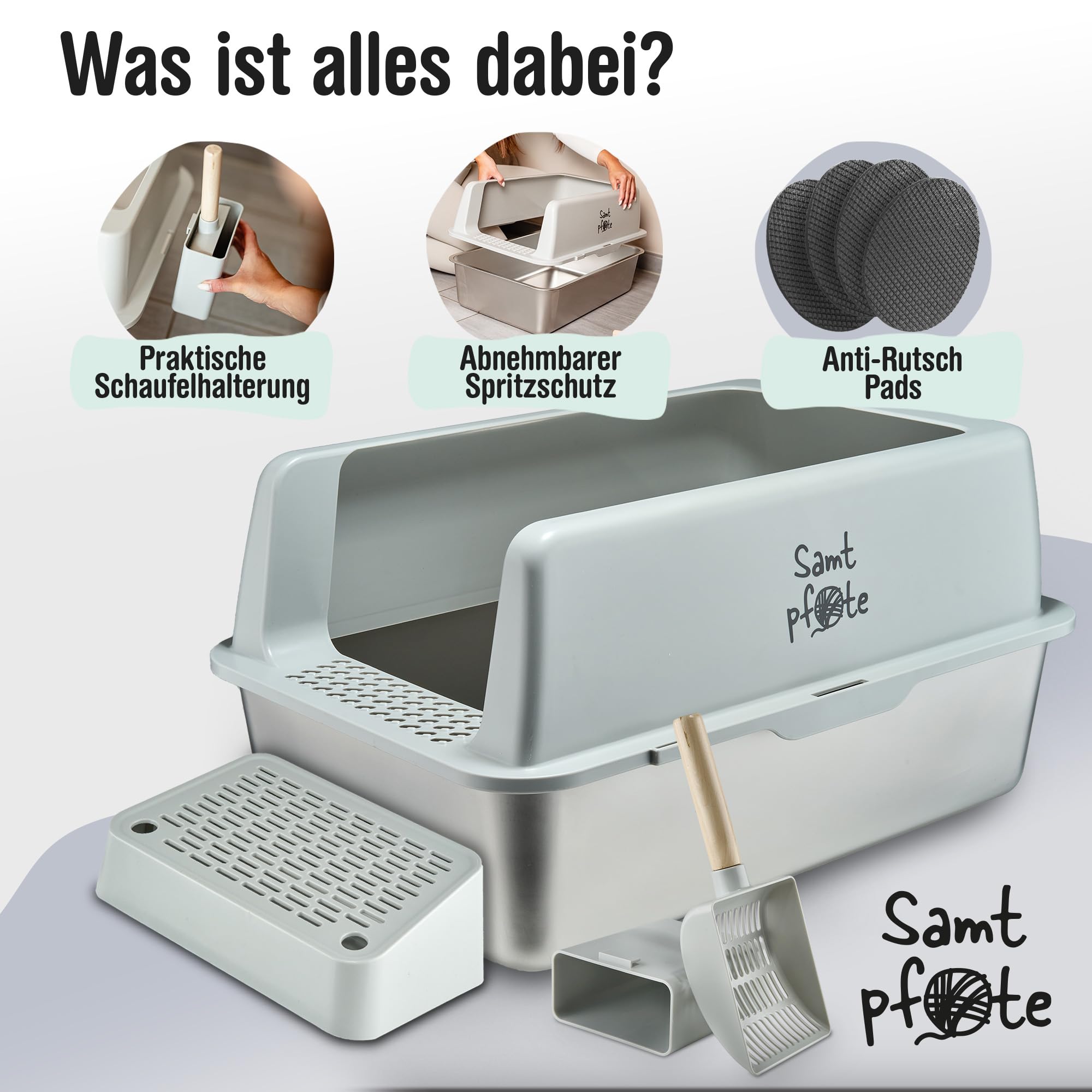 Samtpfote® Vista- Offenes Katzenklo aus Edelstahl - XL Katzentoilette mit Spritzschutz - Fronteinstieg -Auslaufsicher - Antibakteriell - Hygienisch - Leichte Reinigung - 60 x 40 x 30 cm Cat Litter Box