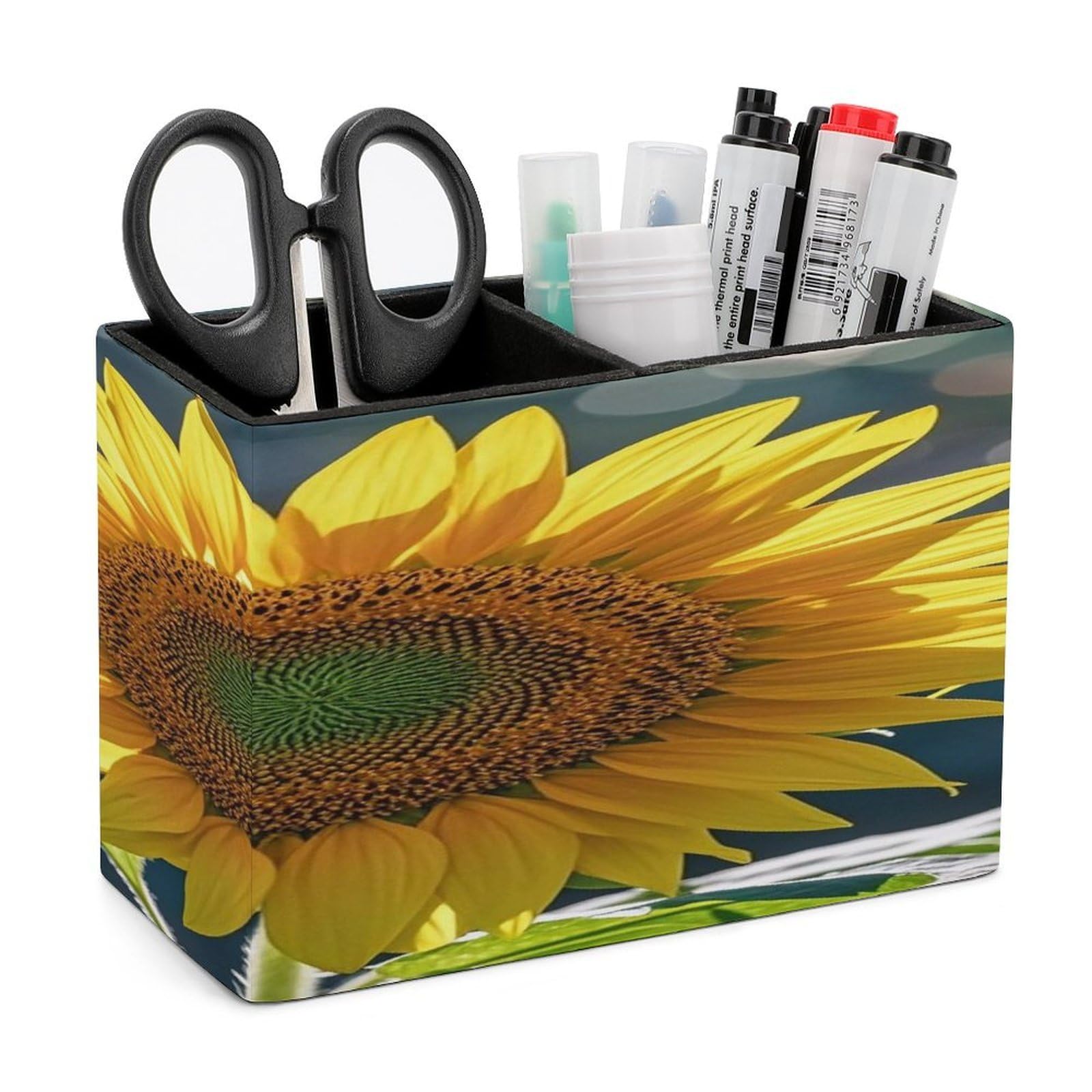LZQPOEAS Night Sunflowers Leather Pen Holder with 2 Compartments Luxury Pencil Holder Minimalist Pencil Cup Brush Scissor Holders Elegant Pen Cup for Office Home Desk Accessories