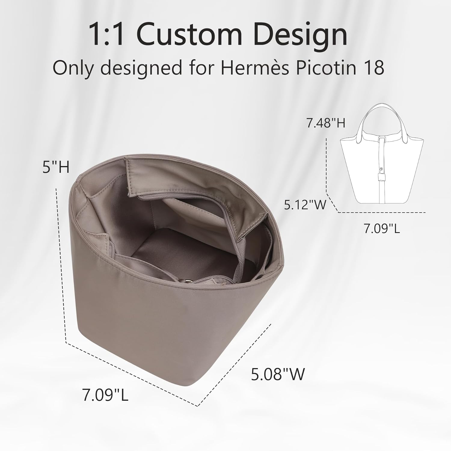 Silky Smooth Picotin 18 Bag Insert, Luxury Satin Fabric Picotin 18 Purse Organizer Insert with Secure Zipper, Smooth Soft Touch Bag Divider for Women's Hermes Handbags Shaper(PC18, Etoupe Grey)