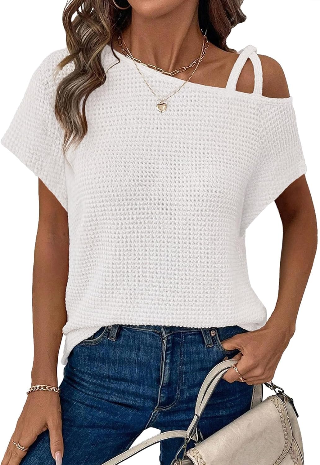Sthxyfaith Womens Summer Off The Shoulder Tops for Women Waffle Knit Short Sleeve T-Shirts Casual Loose Elegant Cross Straps Lightweight Soft Solid Color Blouses Cute Trendy Fashion