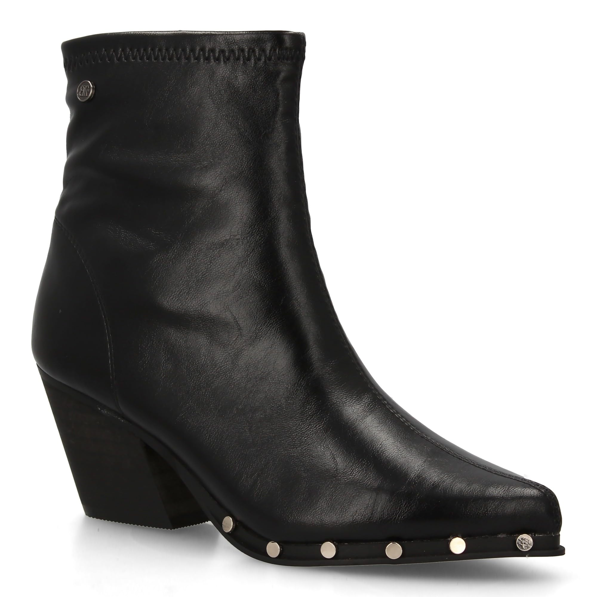 Botin de Mujer con Tacon Cubano, Detalles de Tachuelas, Estilo Moderno Acabado en Pico, Estampado Liso, Cierre Lateral de Cremallera, Ideal Otono Invierno.