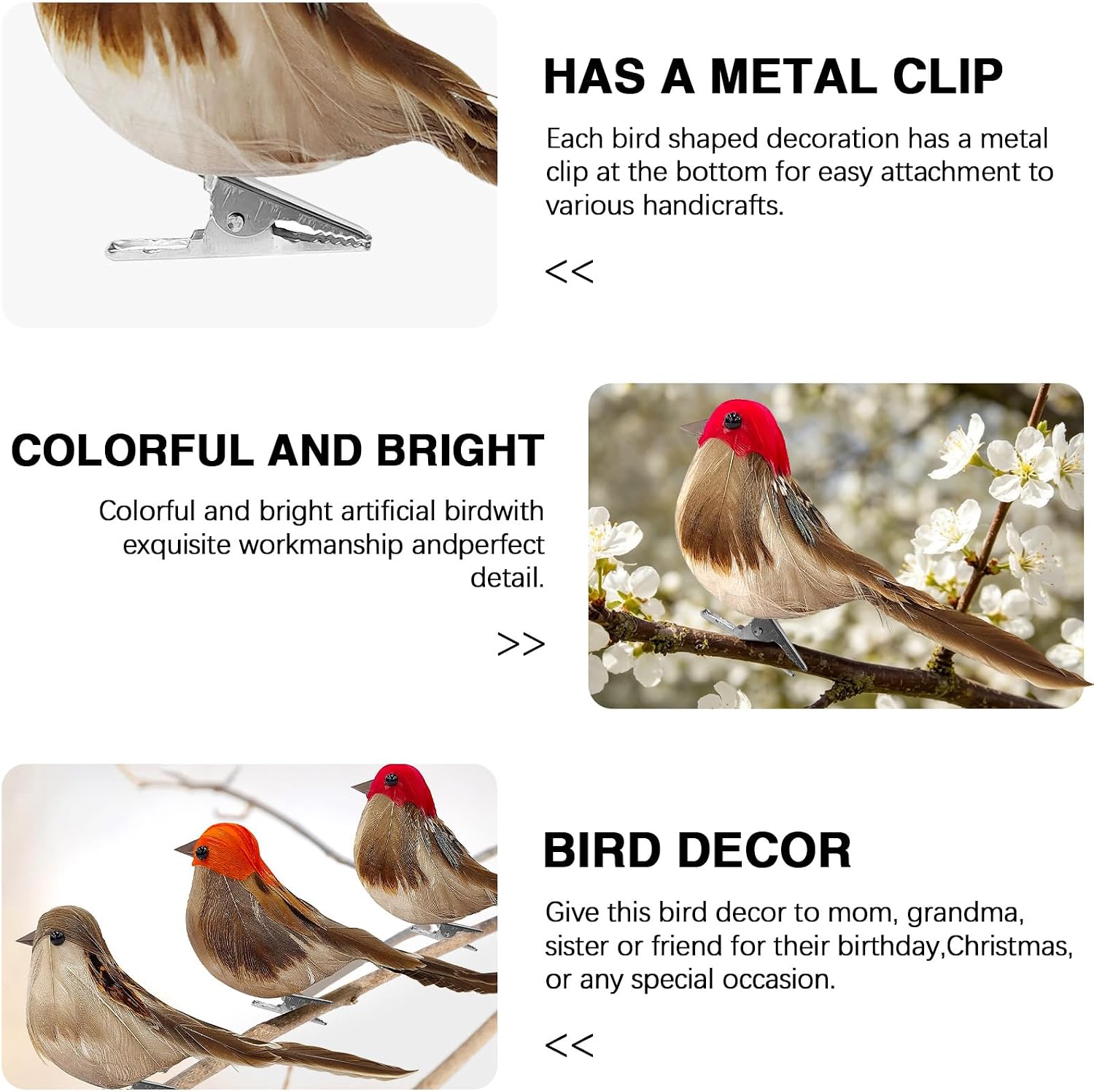 6 Pcs Artificial Birds,Artificial Simulation Foam Bird Sparrow Ornaments Clip on Decorative Feathered Birds for Garden Party Decoration Wreath Crafts