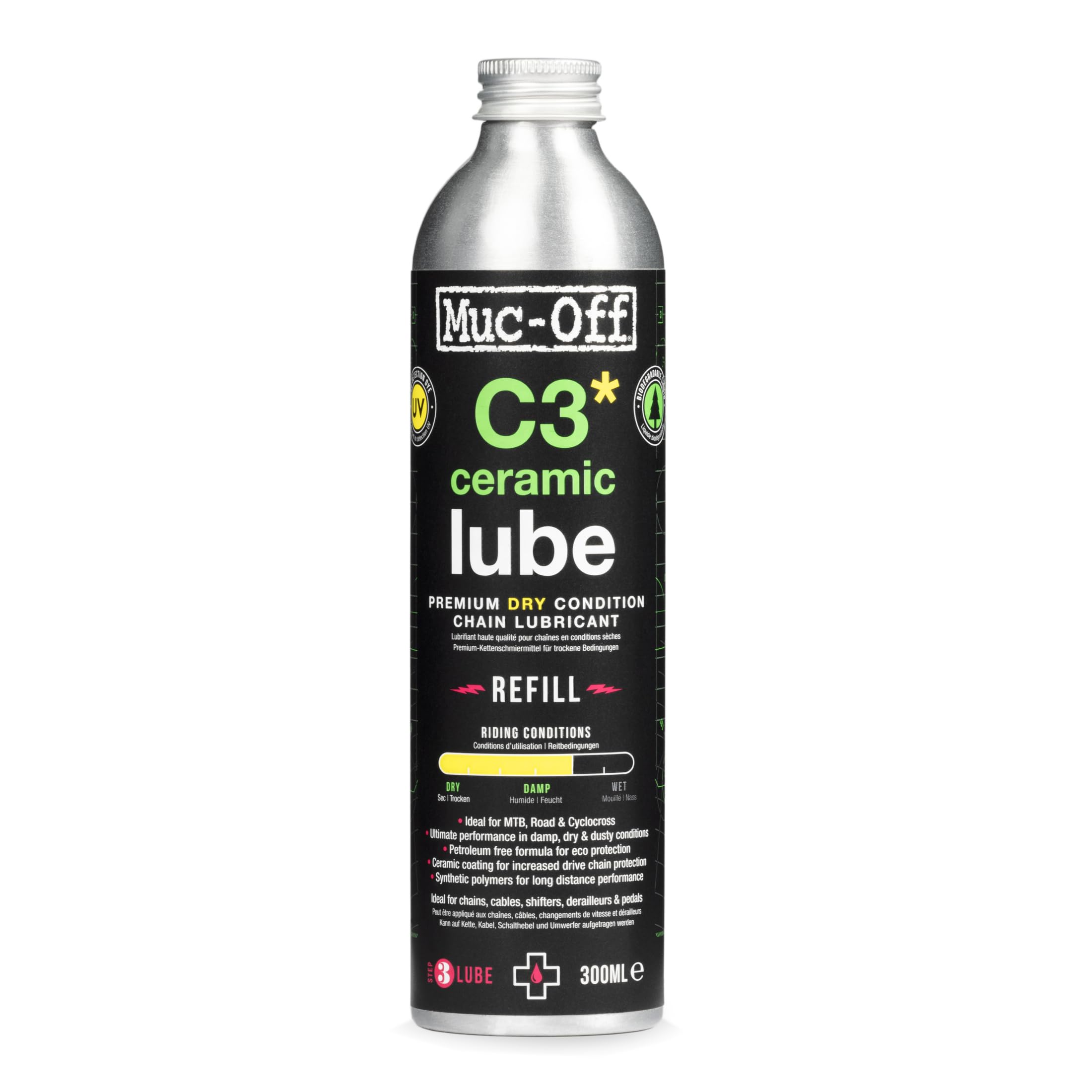 Muc-​Off C3 Ceramic Dry Chain Lube, 300 Ml - Lubricante de Cadena de Bicicleta con Tinte Trazador UV - Lubricante de Bicicleta Formulado para Condiciones Climáticas Secas y con Polvo