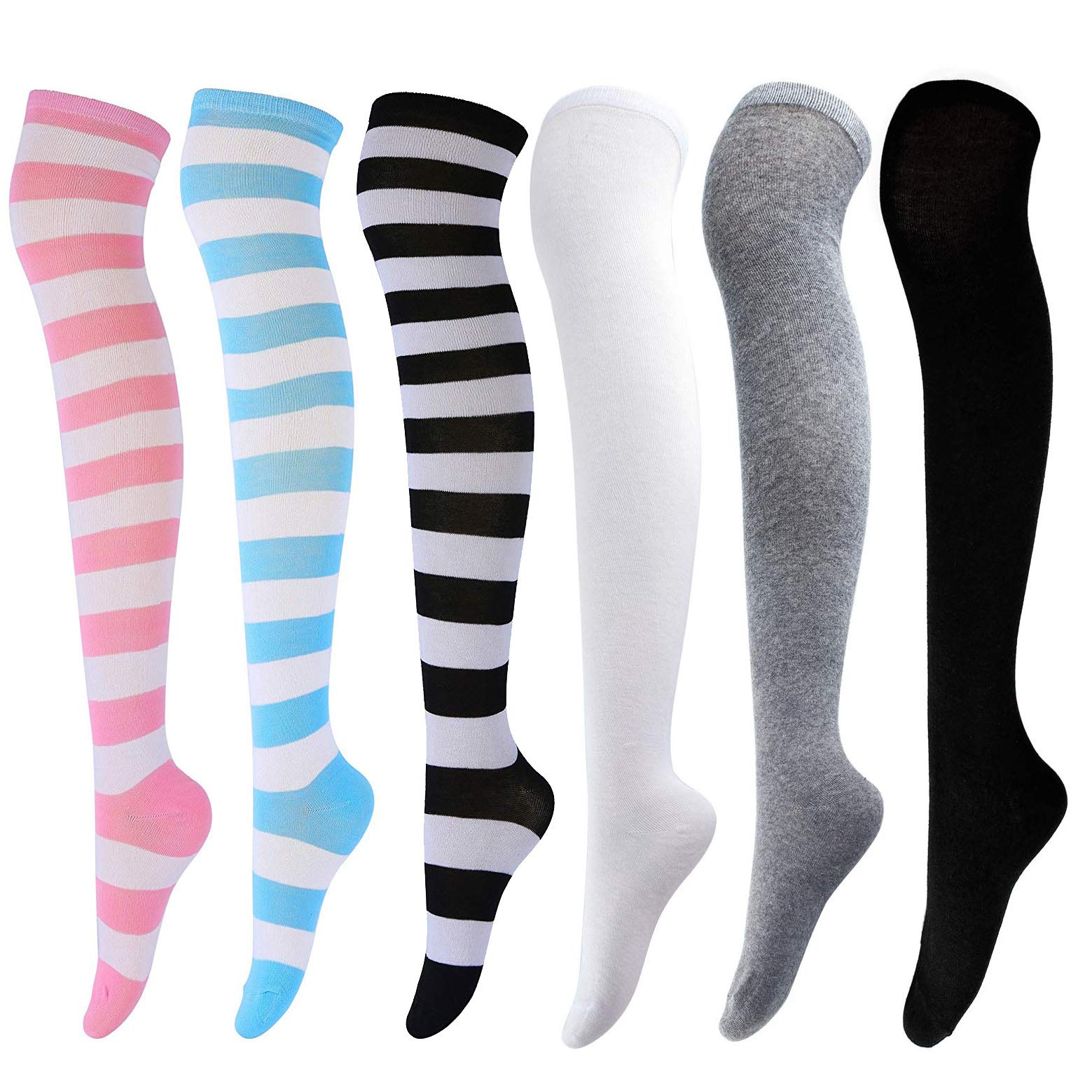 DRESHOW 6 Pares Calcetines Hasta la Rodilla para Mujer, Raya Escuela de Cosplay Casual Sobre la Rodilla Medias Hasta el Muslo Calcetines Largos