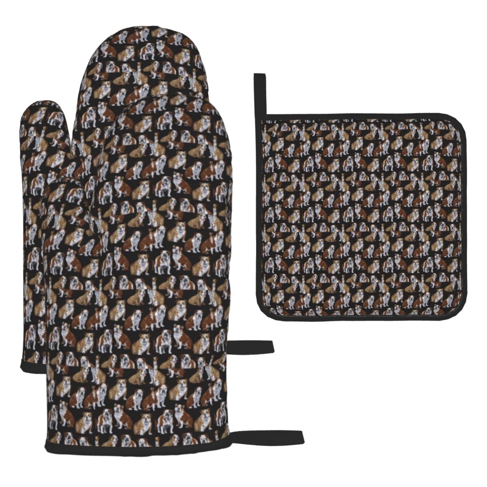 English Bulldogs Print Oven Kitchen Gloves For Baking Outdoor Grilling Home Use Mitts Microwaving Bbq