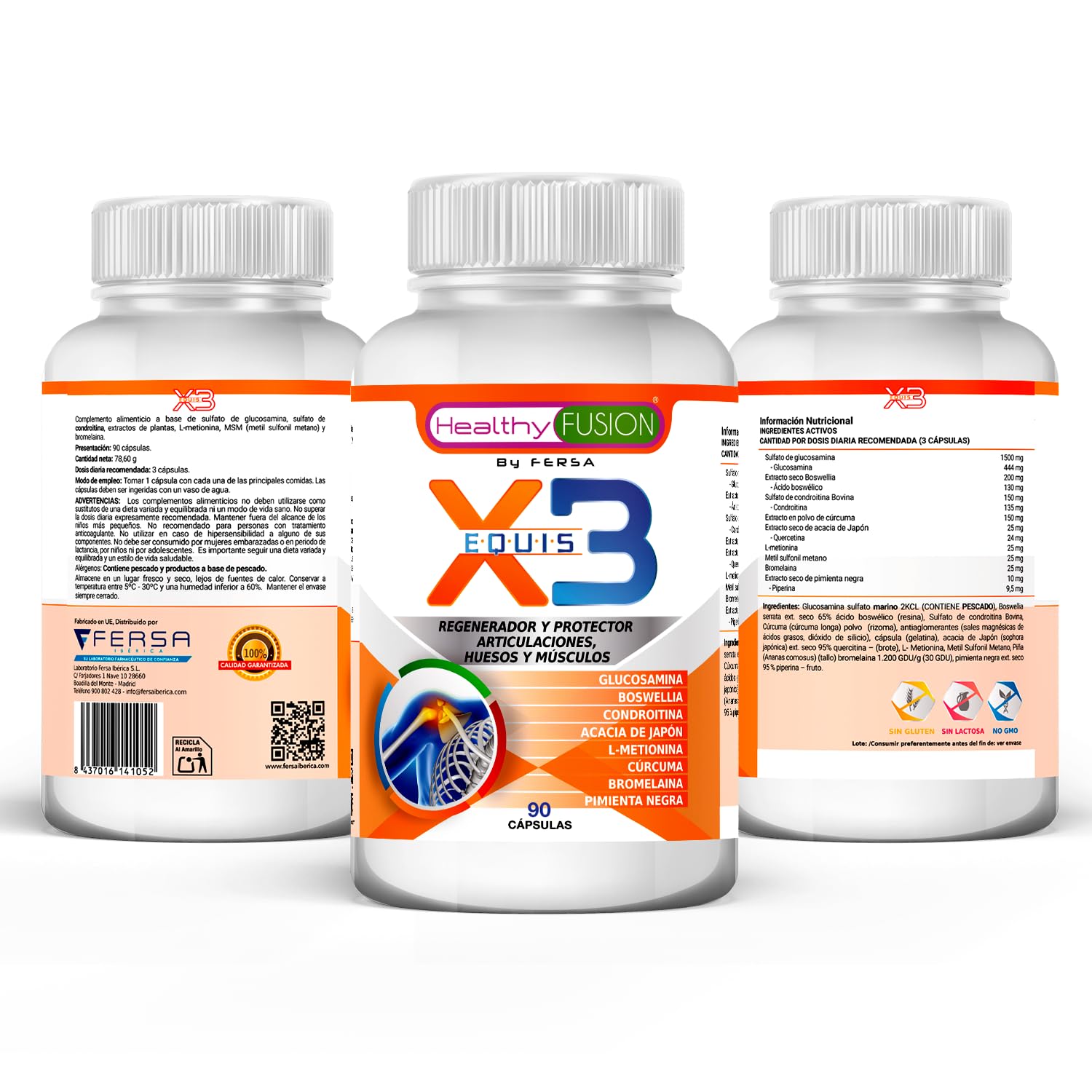 Healthy Fusion X3 Cúrcuma con Glucosamina y Condroitina | Potente antiinflamatorio Y analgésico natural | Elimina el dolor en músculos | Articulaciones y huesos | 90 Cáps (Paquete de 2)