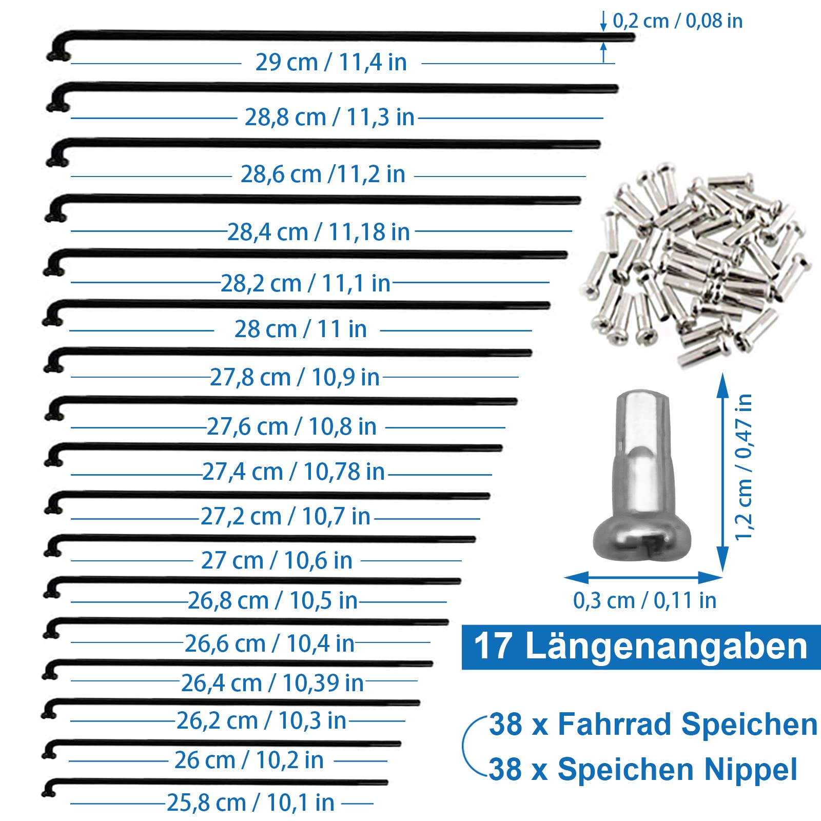 Spoke - Set di 38 Raggi per Bicicletta MTB con Raggi 258-283 mm