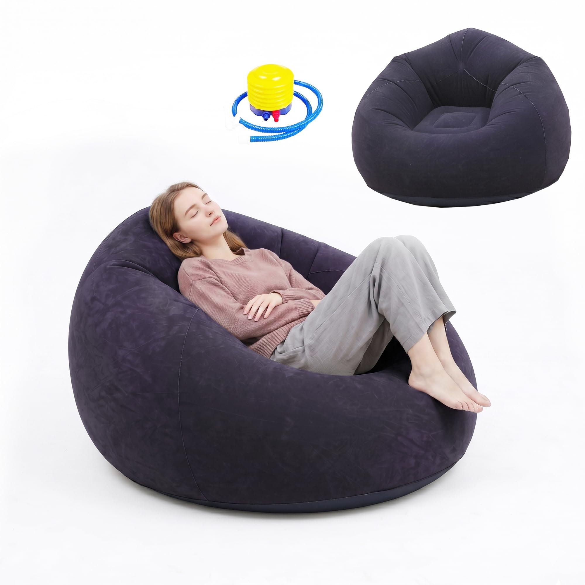 Aufblasbarer Sitzsack, 105x60cm Aufblasbares Sofa, Superweich Bean Bag, Tragbare Aufblasbarer Stuhl, für Wohnzimmer, Schlafzimmer (Blau)