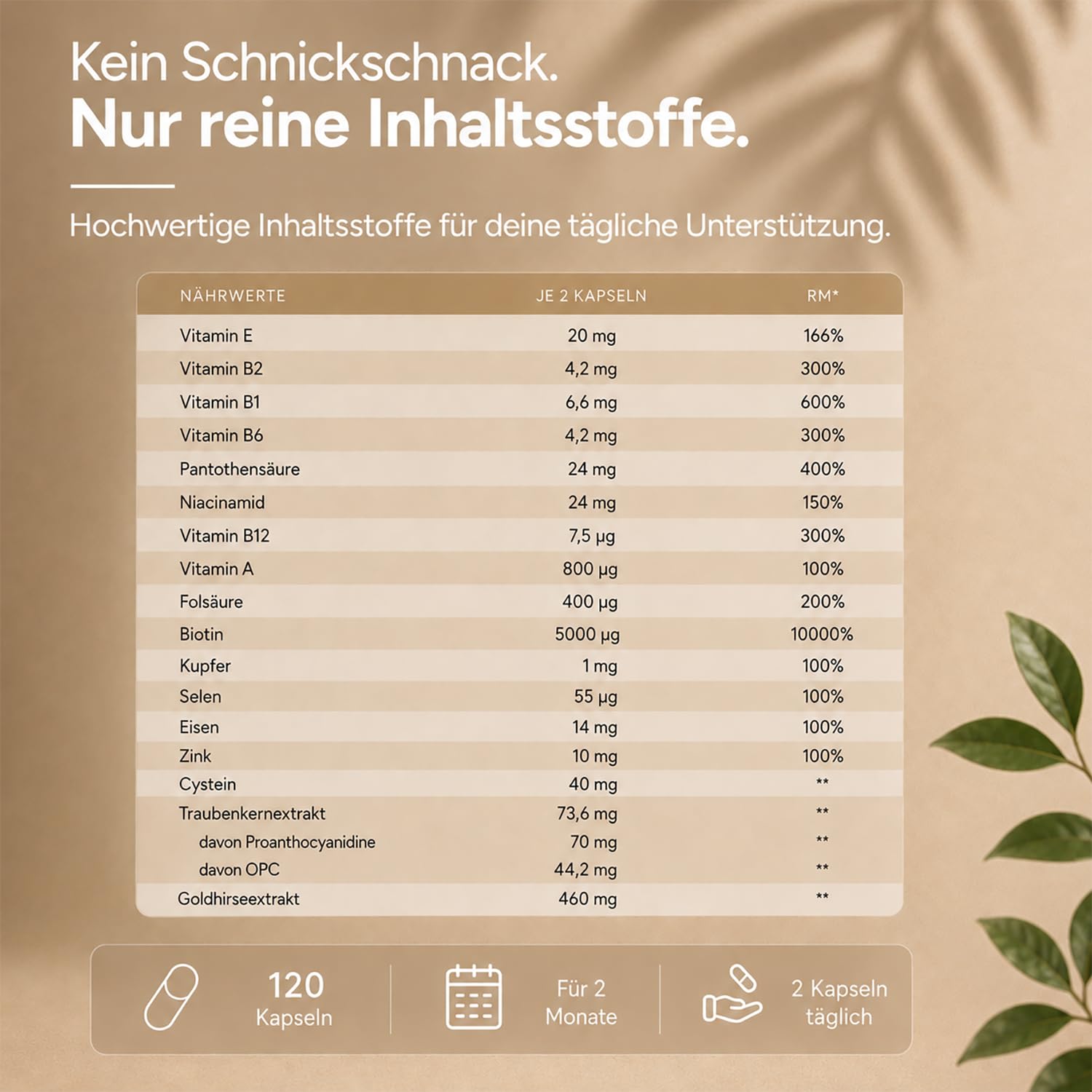Haar Vitamine Haarausfall - 120 Kapseln I Hochdosiert mit Biotin, Zink, Selen, OPC, Hirse-Extrakt (reich an Silizium und Kieselerde) ohne chemische Haarwuchsmittel I Haarvitamine für Haar- & Bartwuchs