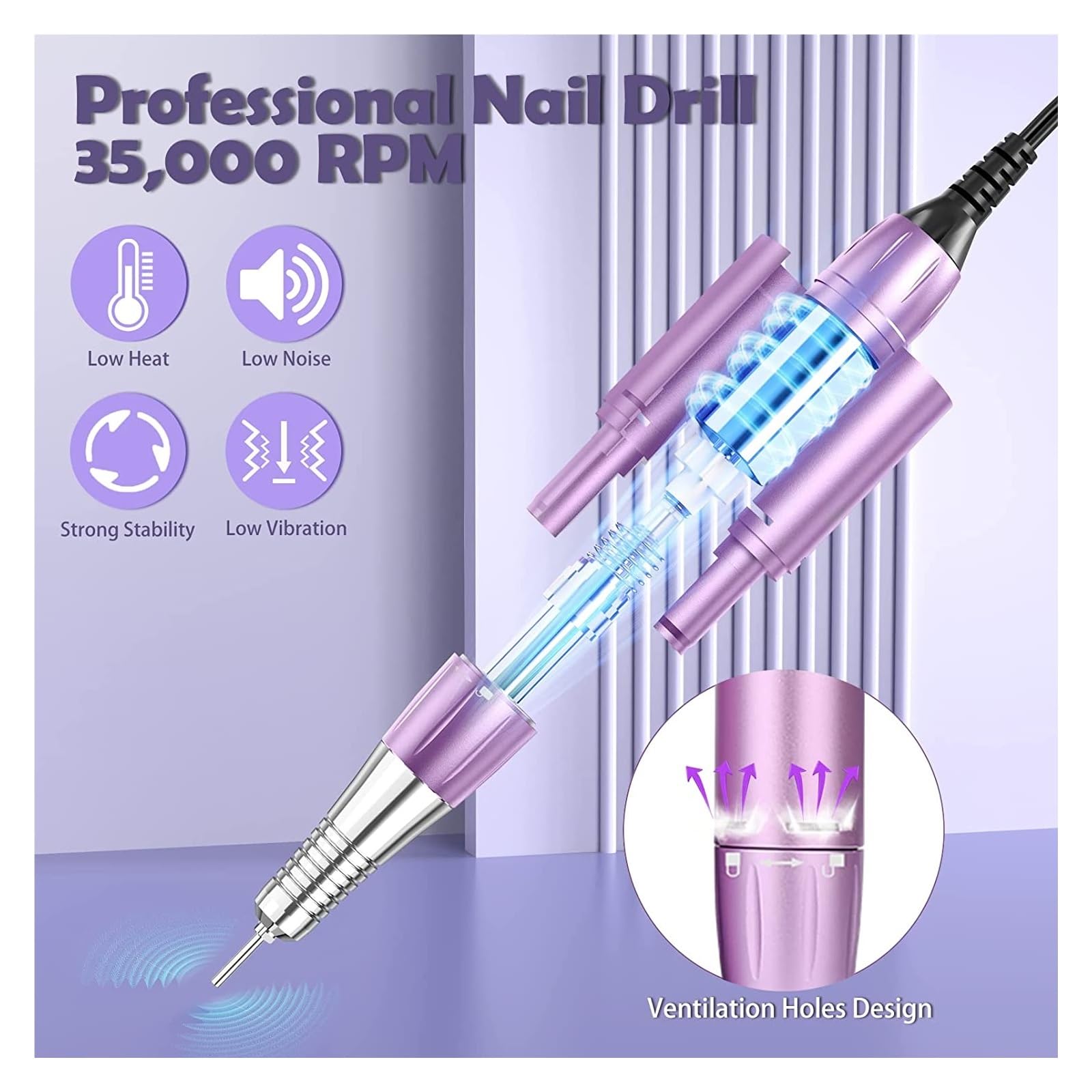 35000 Giri/min Professionale Trapano for Unghie for Smalto Gel Acrilico levigatrice for Unghie Ricaricabile con Display HD Strumenti for Salone Trapano for Unghie(Purple)