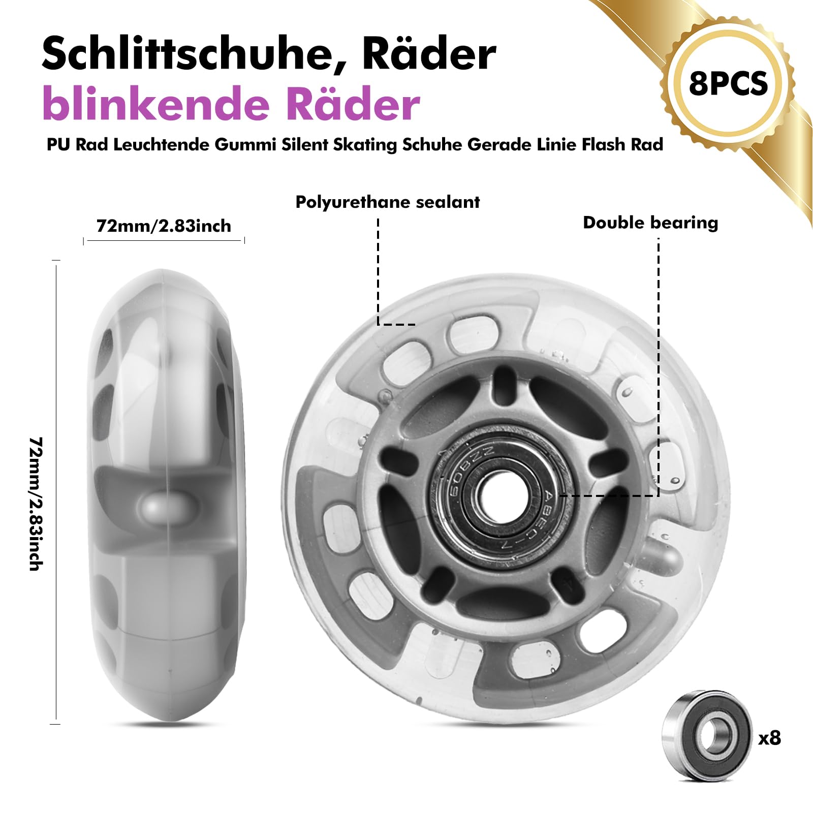 Lot de 8 roues de rollers LED 72 mm – Roues lumineuses avec roulements à billes – Roulettes de rechange pour patins à roulettes et patins de fitness