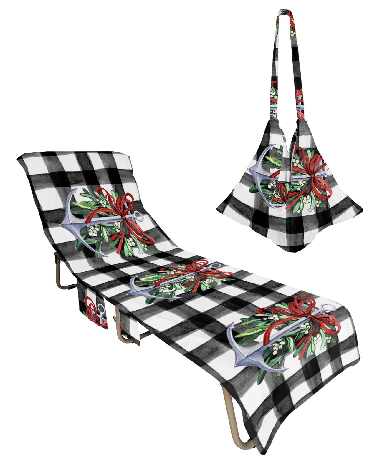 Christmas Beach Lounge Chair Towel Cover, Soft Chaise Lounge Towel with Side Pockets Patio Pool Chairs Cover for Beach/Pool Sunbathing 29x85 Red Green Botanical Bow Knot Anchor Black Plaid