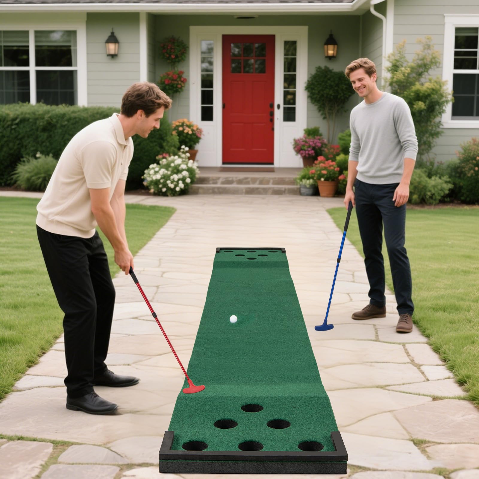 COSTWAY 332 x 50 cm Golf Pong Puttingmatte, Putting Green mit 2 verstellbaren Puttern, 6 Bällen & 12 Lochabdeckungen, tragbare Golfmatte Indoor & Outdoor, Trainingsmatte für Party, Garten