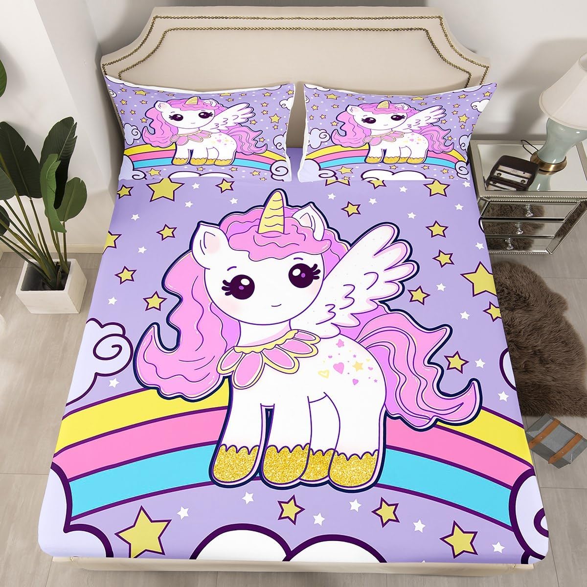 Unicorn Full Size Fitted Sheet,Cartoon Rainbow Stars Princess Unicorn Girly 3 Pieces Kids Teenager Room Decor Dreamy Watercolor Tie Dye Paint Pocket 2 Pillowcases