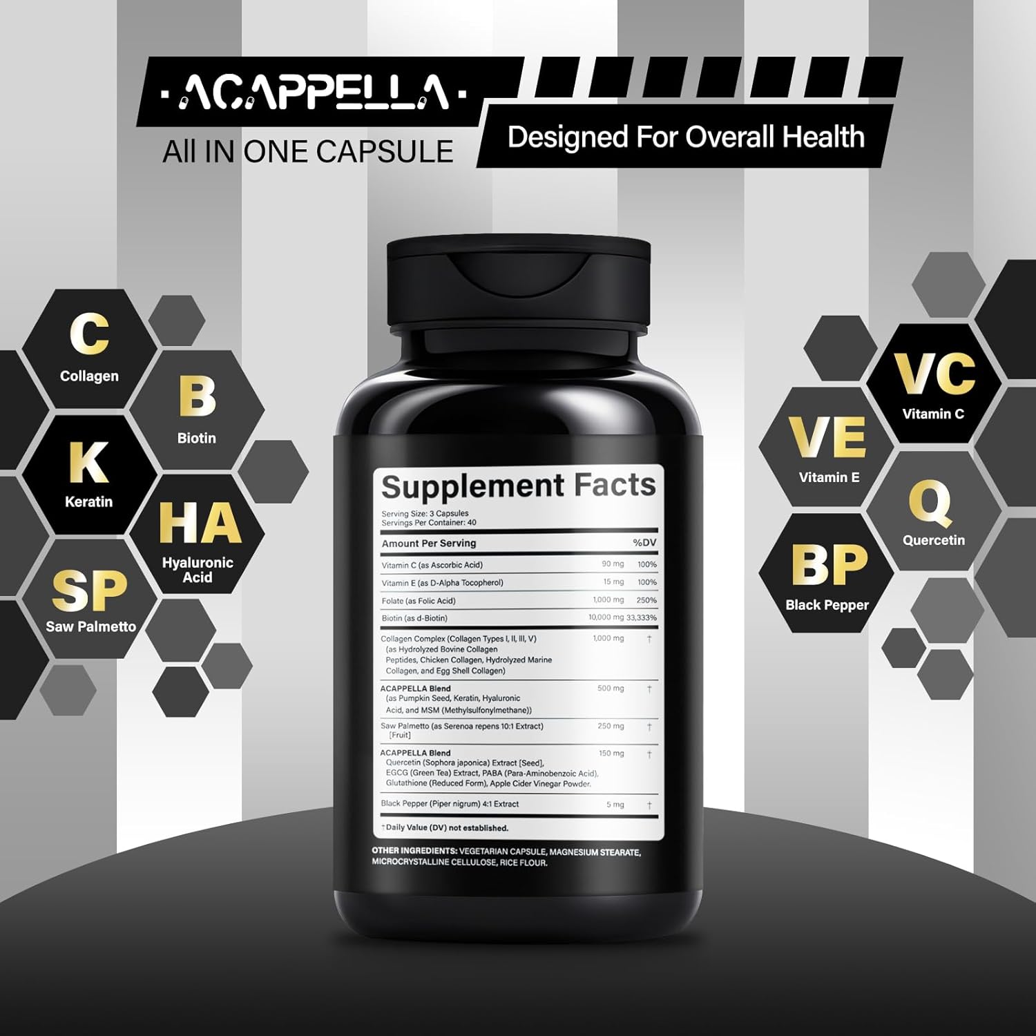 ACAPPELLA Keratin Saw Palmetto with Hyaluronic Acid Capsules DHT Blocker Vitamins Folic Acid Collagen Supplements for Women and Men Biotin Capsules - Image 2