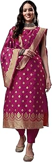 EthnicJunctionWomen's Embellished Woven Zari Work Banarasi Silk Straight Sleeveless Kurta Pant with Dupatta Set