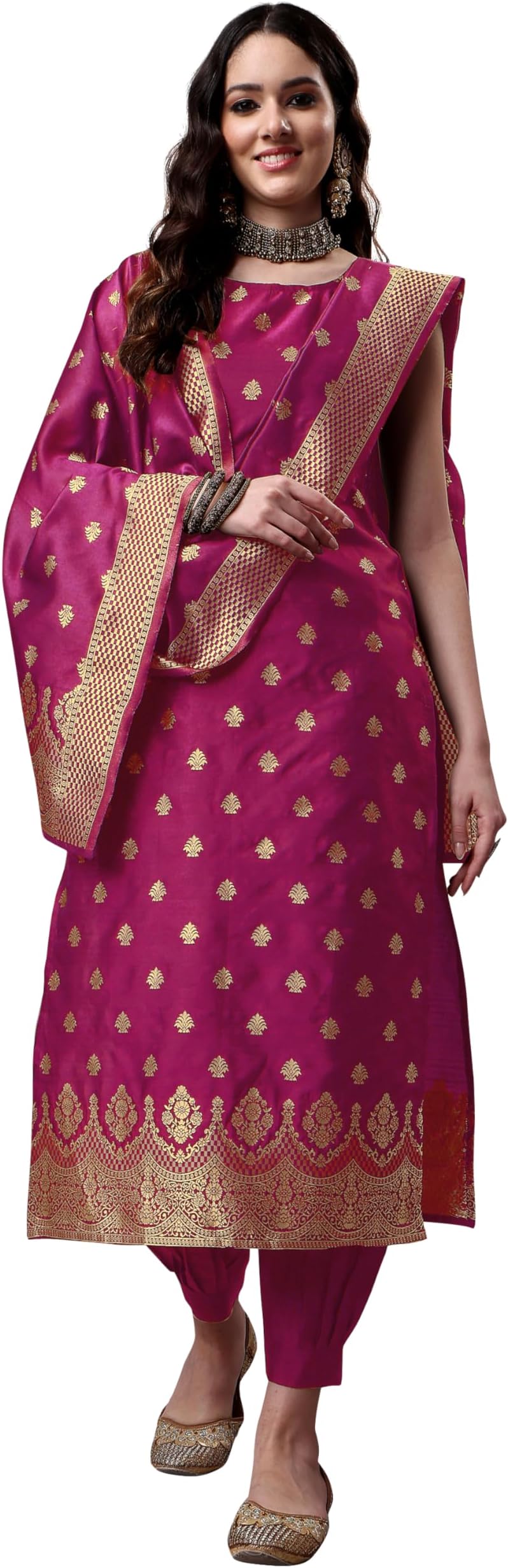 EthnicJunctionWomen's Embellished Woven Zari Work Banarasi Silk Straight Sleeveless Kurta Pant with Dupatta Set