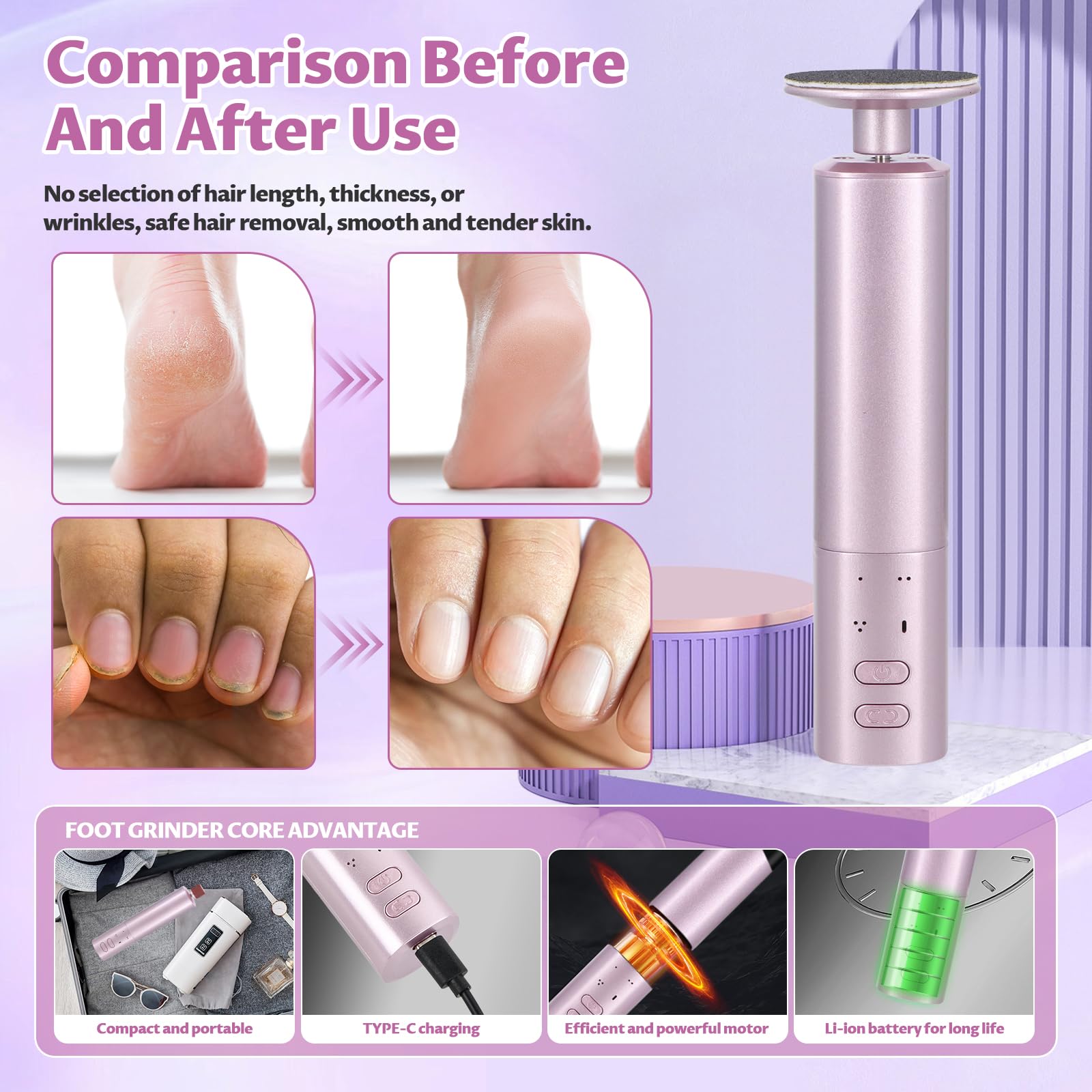 2 en 1 Lima Electrica Pies Durezas, Quita Durezas para Pies, Pedicura Profesional para Pies, Removedor de Callos Electrico para Secos y Agrietados Talones, 6 Velocidades Ajustables