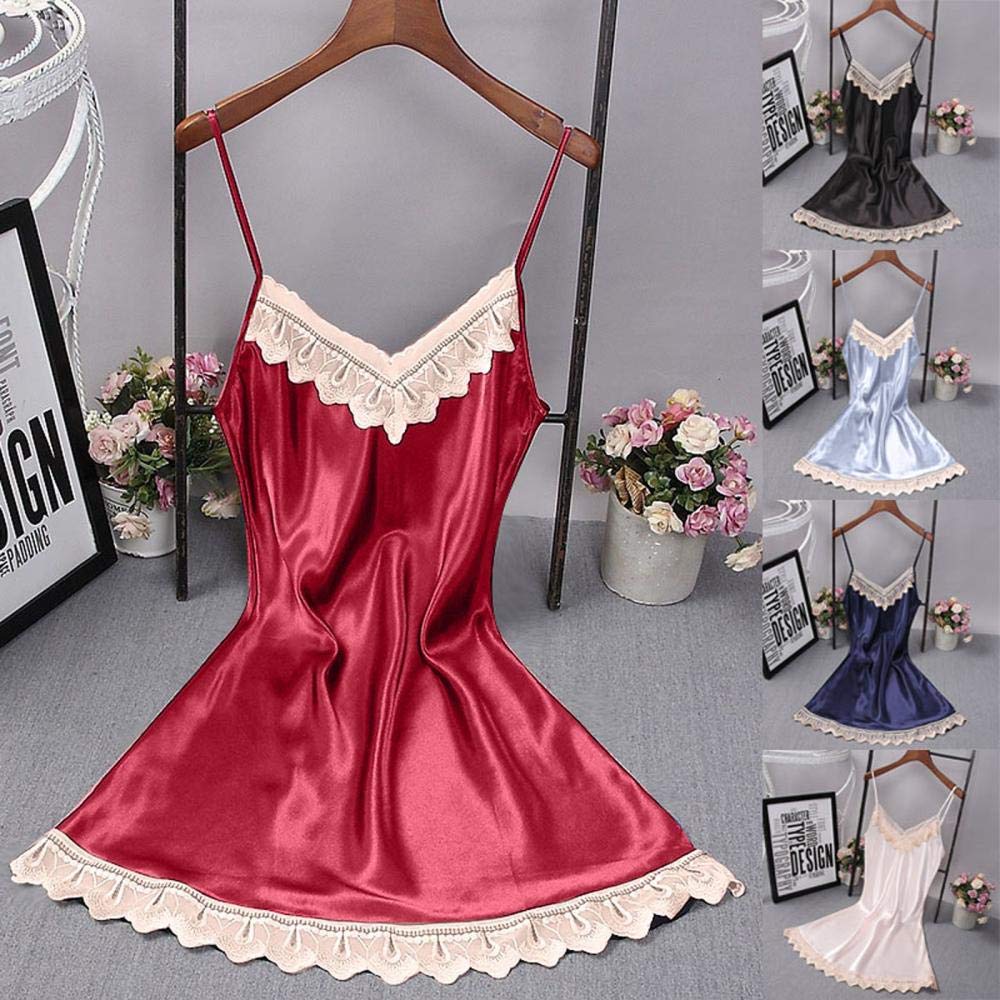 Mujer Sexy Fina Lenceria Sensual Romantico Elegante EncajeRopa de Dormir para Mujer Sexy con Cuello en V Tops para Dormir Camisón de Encaje Camisola Pijamas Dress-B_L