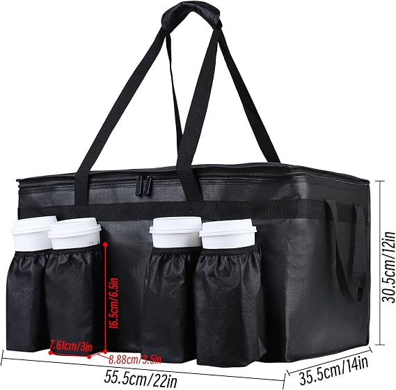 Food Delivery Bag,3XL Insulated Food Transport Bag with Cup Holder - Reusable Cooler Bag for Cold and hot Food with lid and Double Zipper