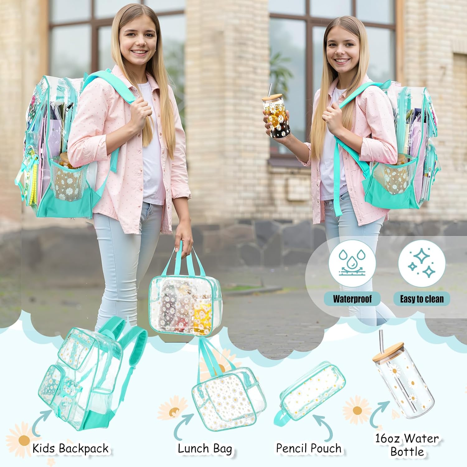 Aliceset 4pcs 17" Daisy Clear Backpack for Kids with Lunch Bags Pencil Case and Glass Bottle School Heavy Duty Bookbag Set(Mint Green) - Image 6