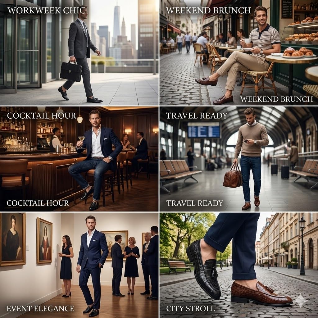 Mocasines Hombre Estampado Cocodrilo con Borlas Zapatos Vestir Piel Sin Cordones Formal Boda Oficina Negocios