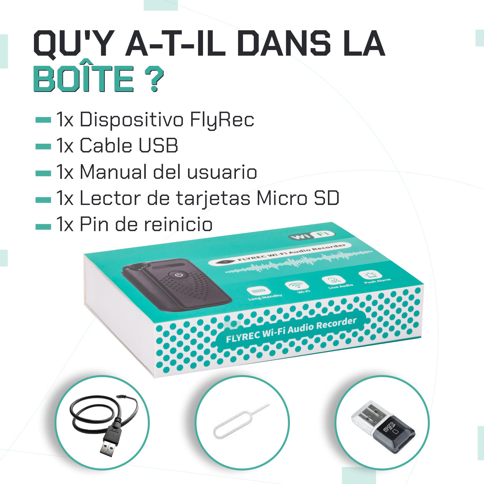 Enregistreur Vocal numérique Professionnel WiFi | FlyRec SMT | 8 Go de Mémoire | Contrôle illimité de la Distance pour, Leçons et Mémos Vocaux - Enregistreur Audio avec Application Intelligente