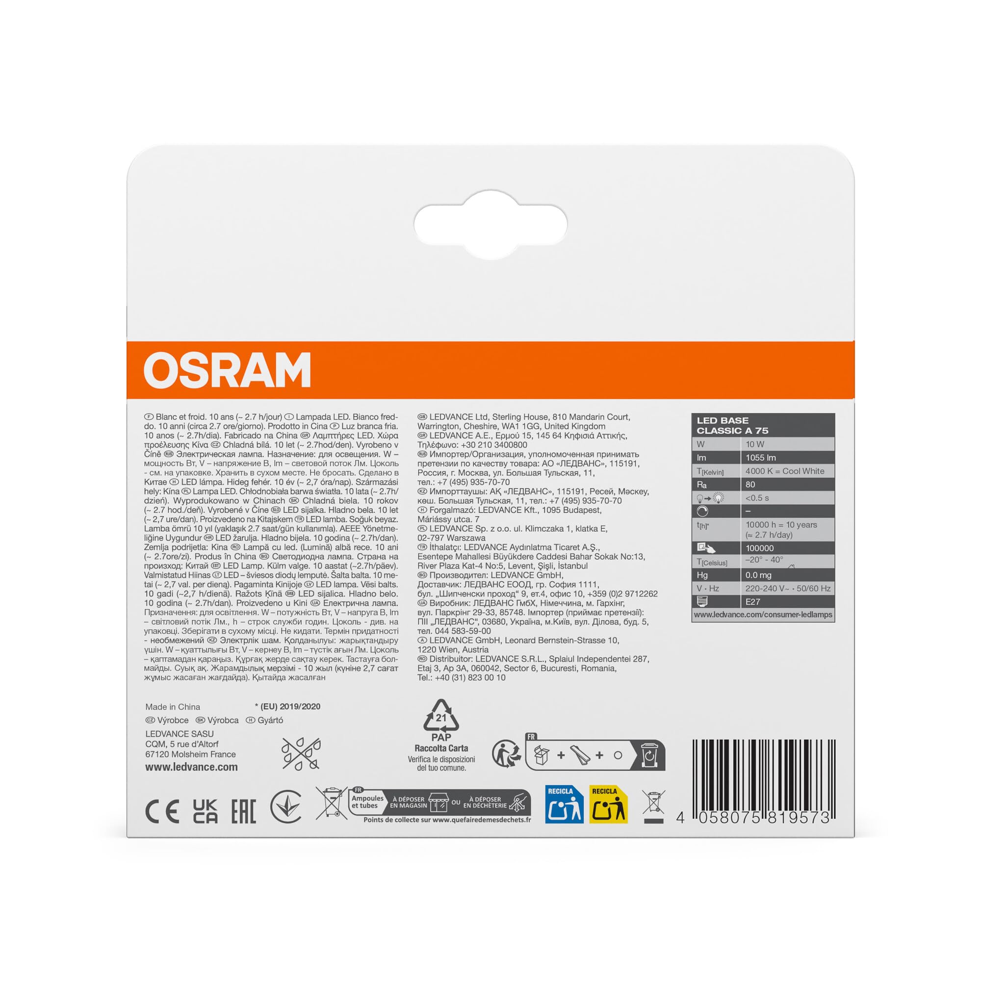 OSRAM Żarówka LED Base Classic A75, kształt żarówki 10W 840, 4000K, zimna biel, E27, matowa, 1055 lm, odporna na wstrząsy i wibracje