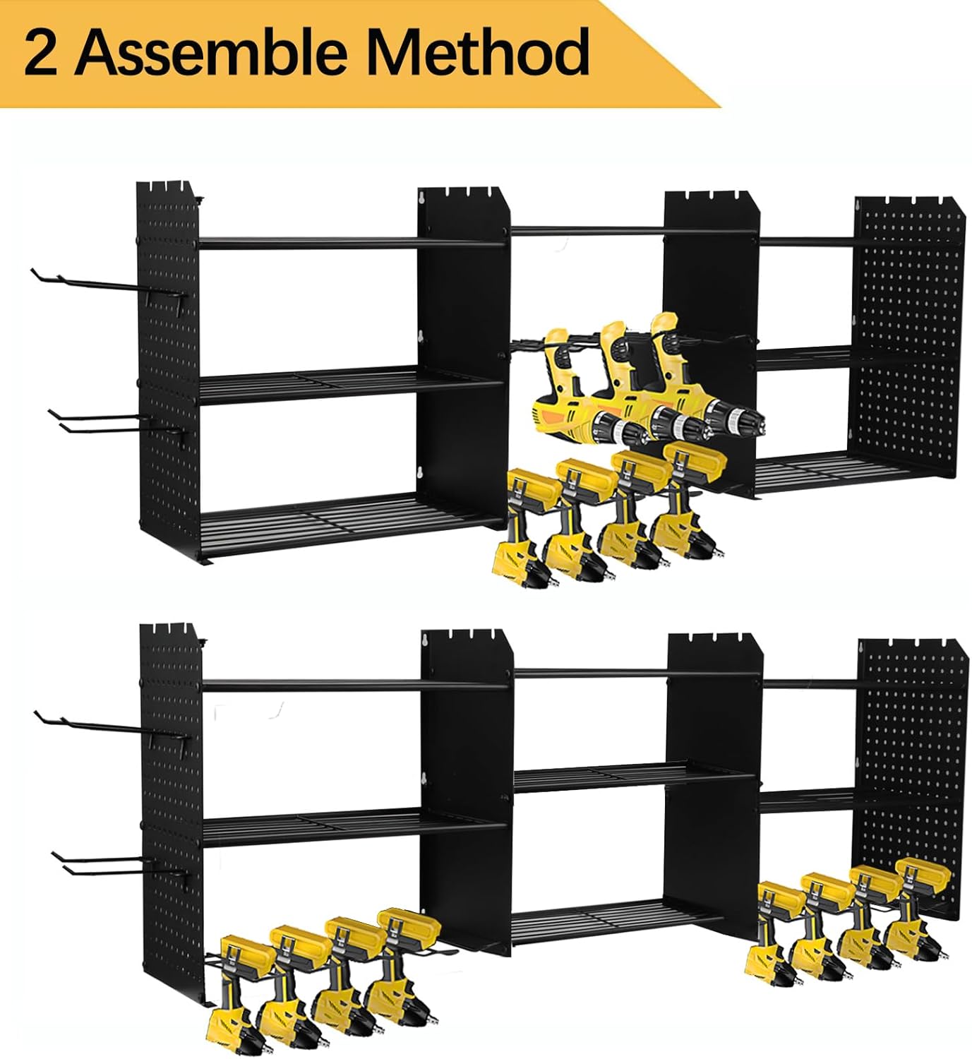 45.5'' W Large Power Tool Organizer with Charging Station, Load 200LB, 3-Tier Wall Tool Rack, 8 Drill Holder Wall Mount, 2 Side Pegboard, Garage Organizer, Gifts for Men