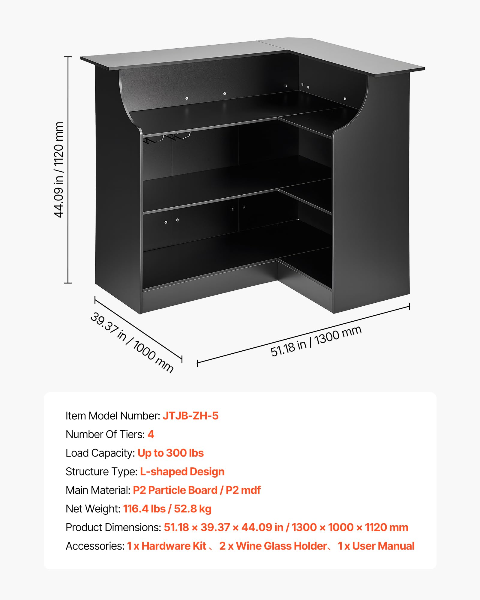 VEVOR Bancone da Bar per Salotto, Mobile Tavolo da Bar a Forma di L con 4 Ripiani Portaoggetti, Carico max 136 kg, Mobiletto Angolare per Casa Cucina Soggiorno Cantina Bancone da Interno, Nero