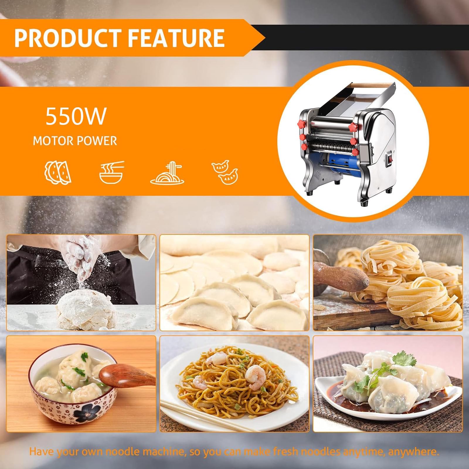 Máquina para Hacer Pasta de Fideos, laminadora de Rodillo de Masa Eléctrica Comercial de 550W, para Uso Familiar en el Hogar
