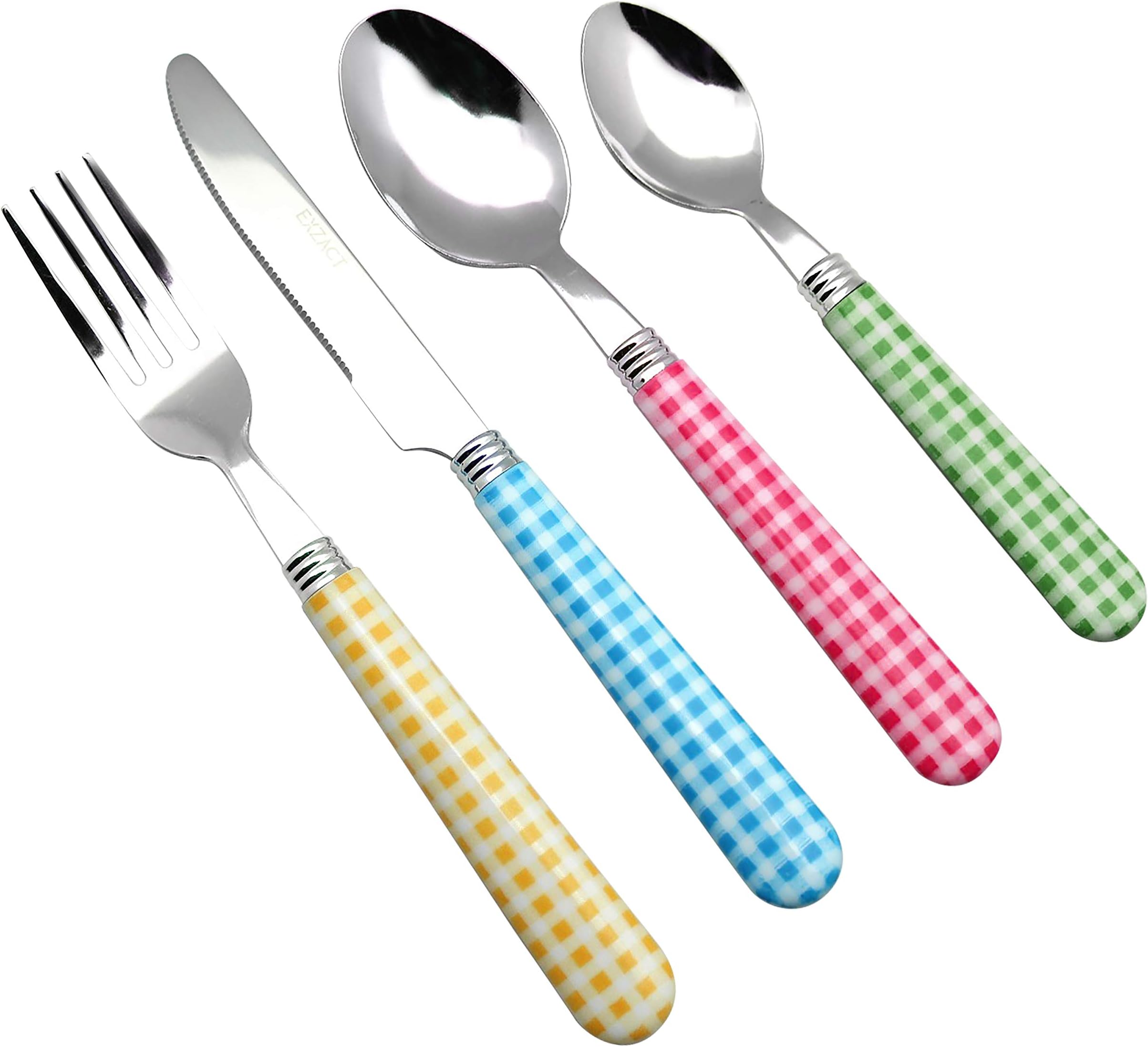 – EXZACT Cutlery Set 24pcs Stainless Steel with Gingham Check Coloured Handles - 6 x Forks, 6 x Dinner Knives, 6 x Table Spoons, 6 x Tea Spoons (Mixed Color x 24 pcs)