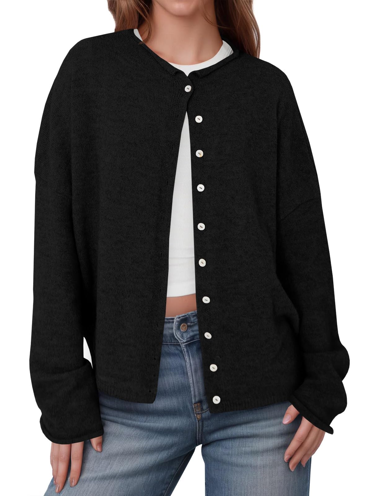 Saodimallsu Damen Kurz Strickjacke Langarm Leicht Rundhals Cardigan Sommer Sweater Weich Einfarbig mit Knöpfe