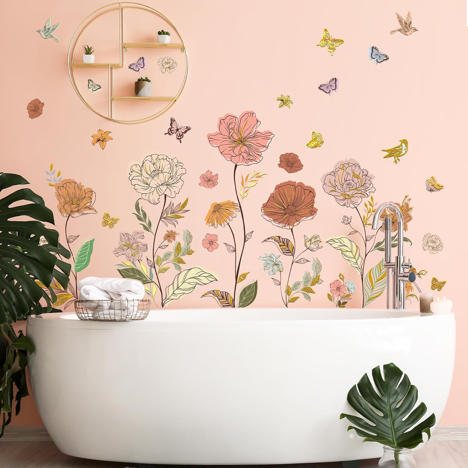 Boho Floral Wall Stickers Peony & Butterfly Wall Decals, Bohemia Flower Decor for Bedroom Living Room TV Background (Boho Flower) image 3