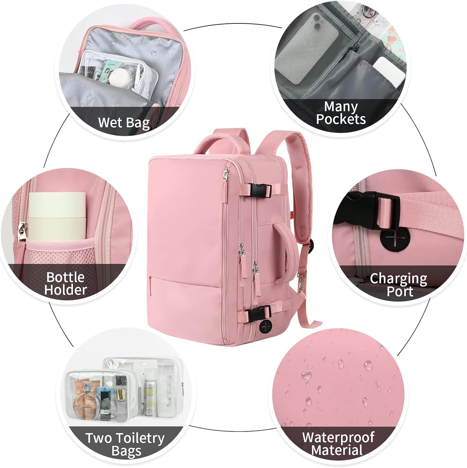 Hanples Carry on Travel Backpack for Women, Large 35L Personal Item Luggage Backpack,17 inch Laptop Backpack TSA Flight Approved, Travel Essentials Casual Daypack with 2 Toiletry Bags (Pink) - Image 5