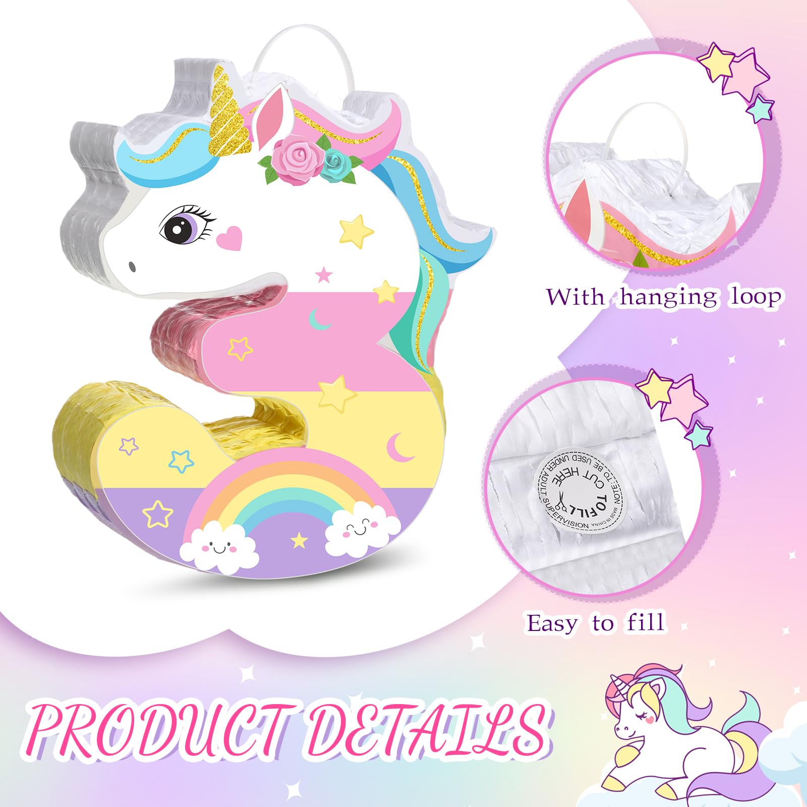 Pinata de Licorne pour 3ème Anniversaire de Fille Pinata en Forme de Numéro 3 avec Bâton Bandeau des Yeux Confettis pour Décorations de Fête de 3ème Anniversaire